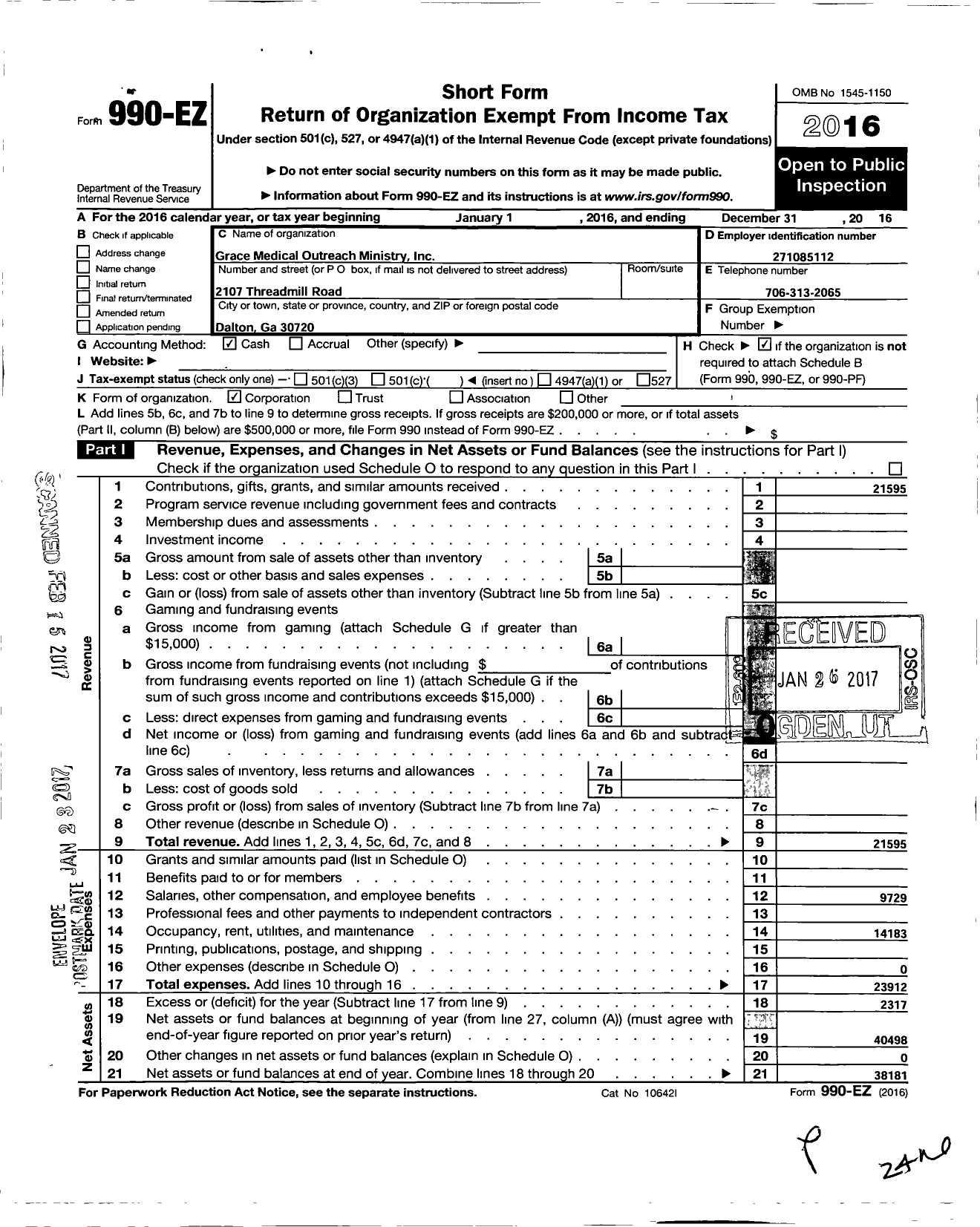 Image of first page of 2016 Form 990EO for Grace Medical Outreach Ministry