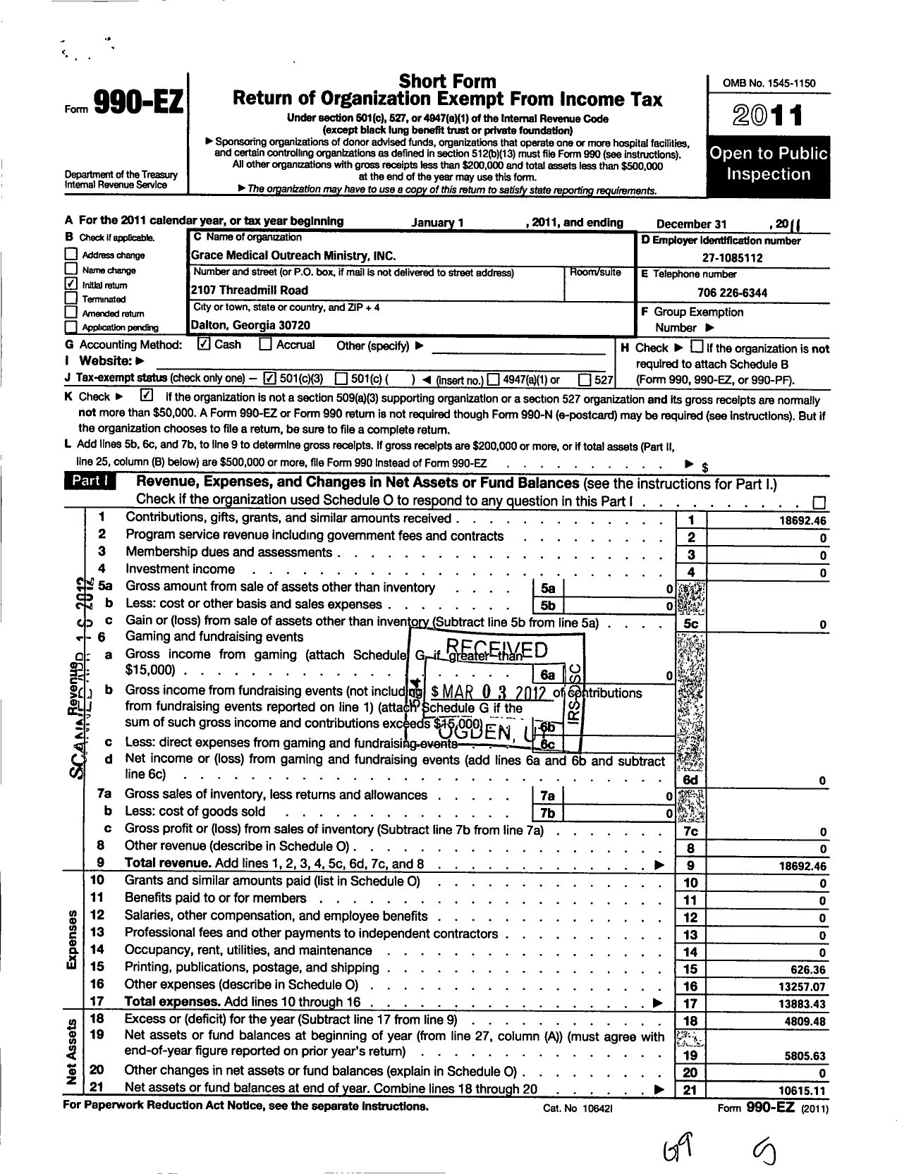 Image of first page of 2011 Form 990EZ for Grace Medical Outreach Ministry