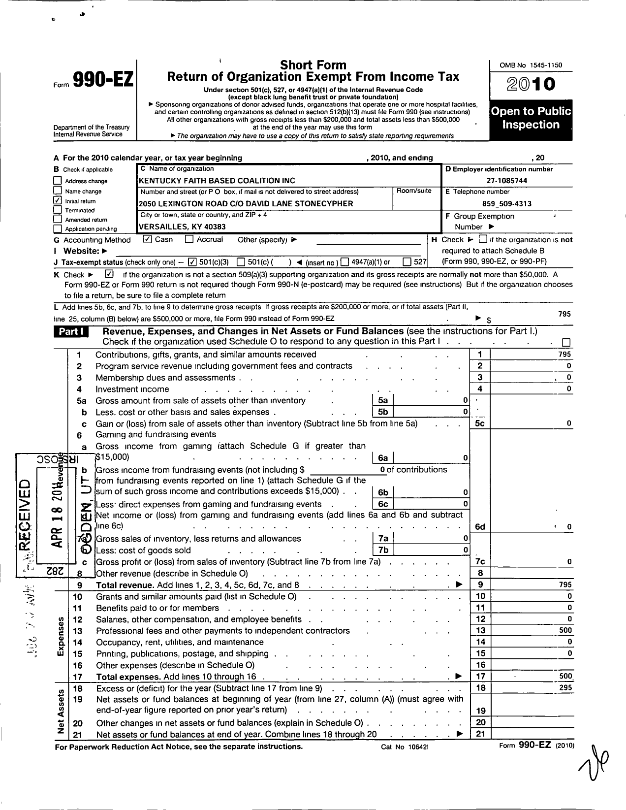Image of first page of 2010 Form 990EZ for Kentucky Faith Based Coalition