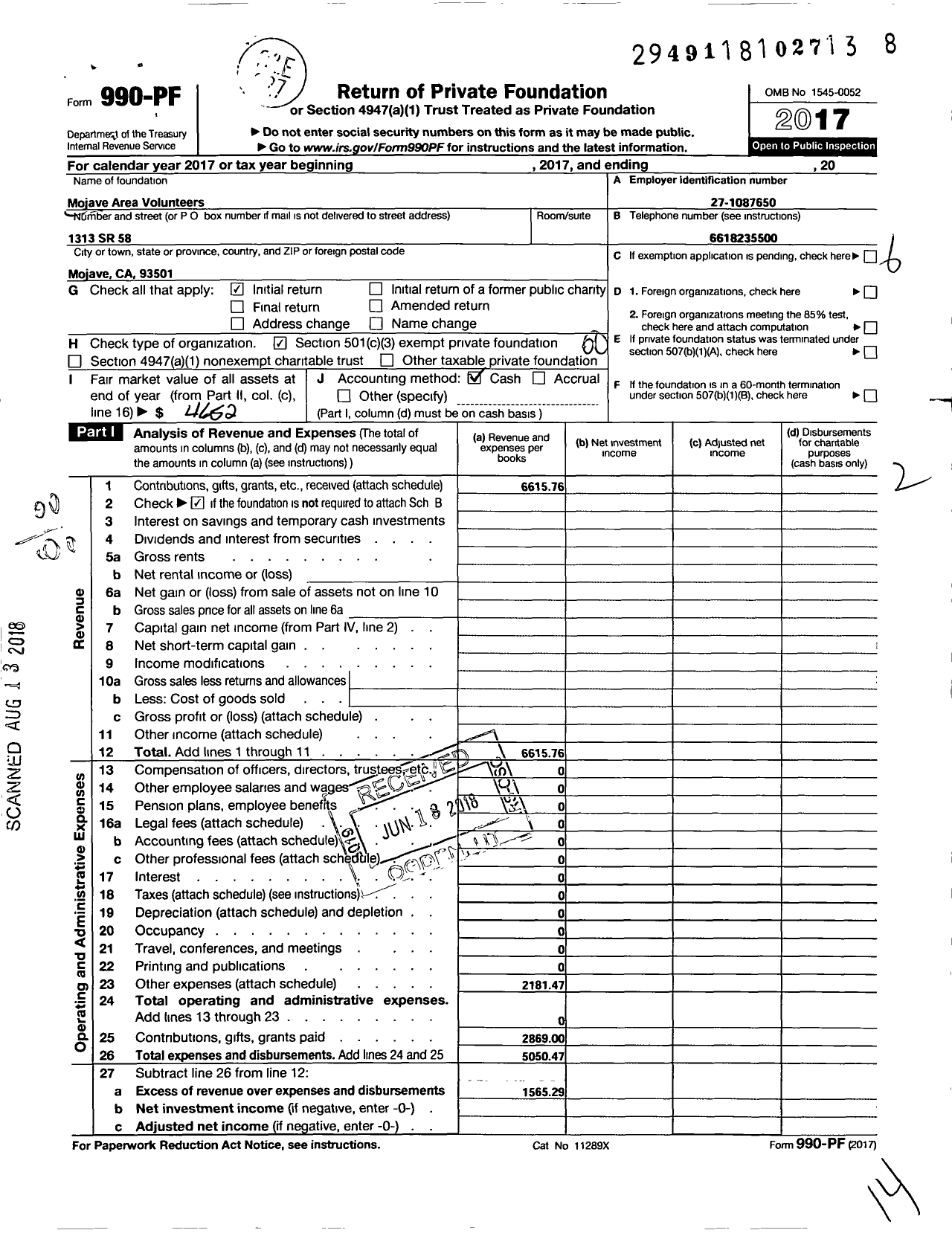 Image of first page of 2017 Form 990PF for Mojave Area Volunteers