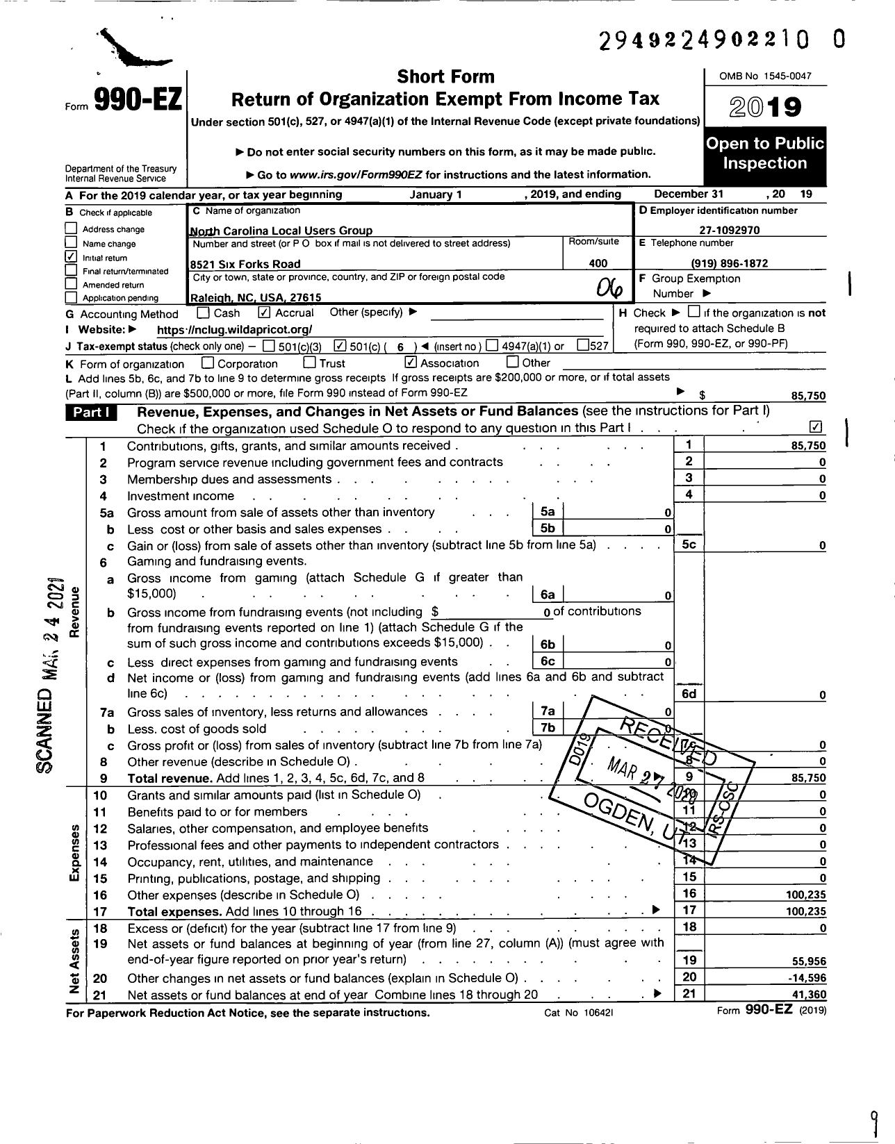 Image of first page of 2019 Form 990EO for North Carolina Local Users Group