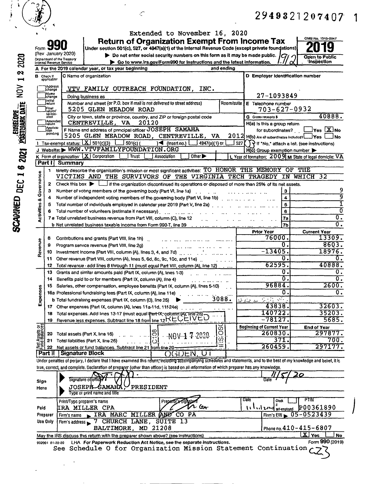 Image of first page of 2019 Form 990 for VTV Family Outreach Foundation