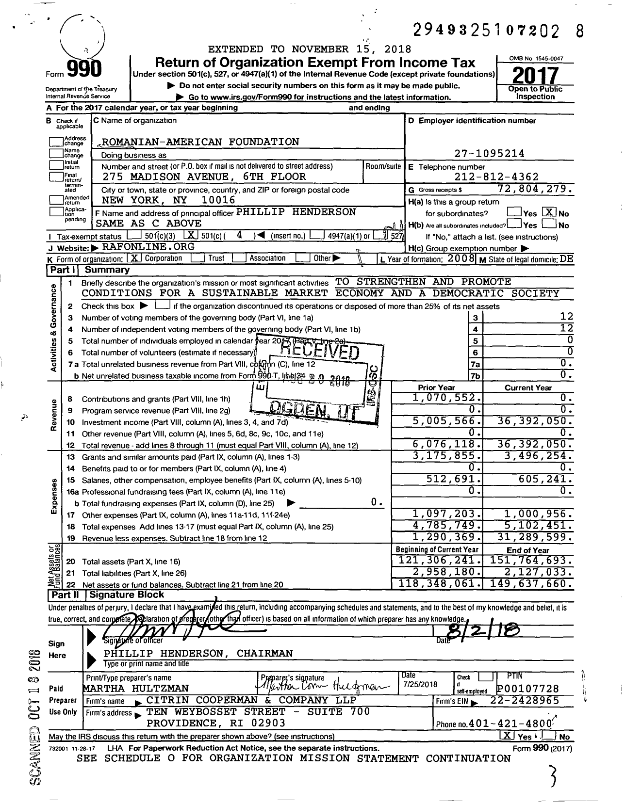 Image of first page of 2017 Form 990O for Romanian-American Foundation