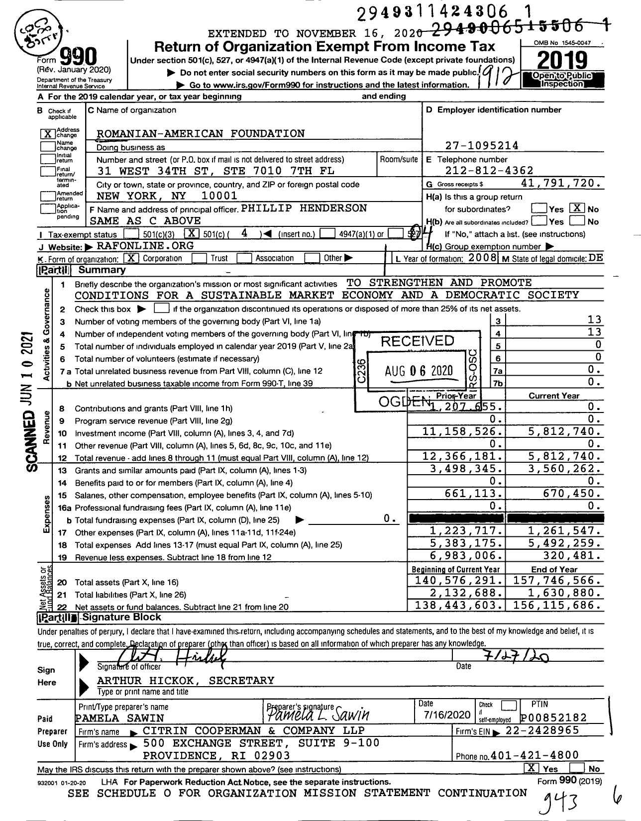 Image of first page of 2019 Form 990O for Romanian-American Foundation