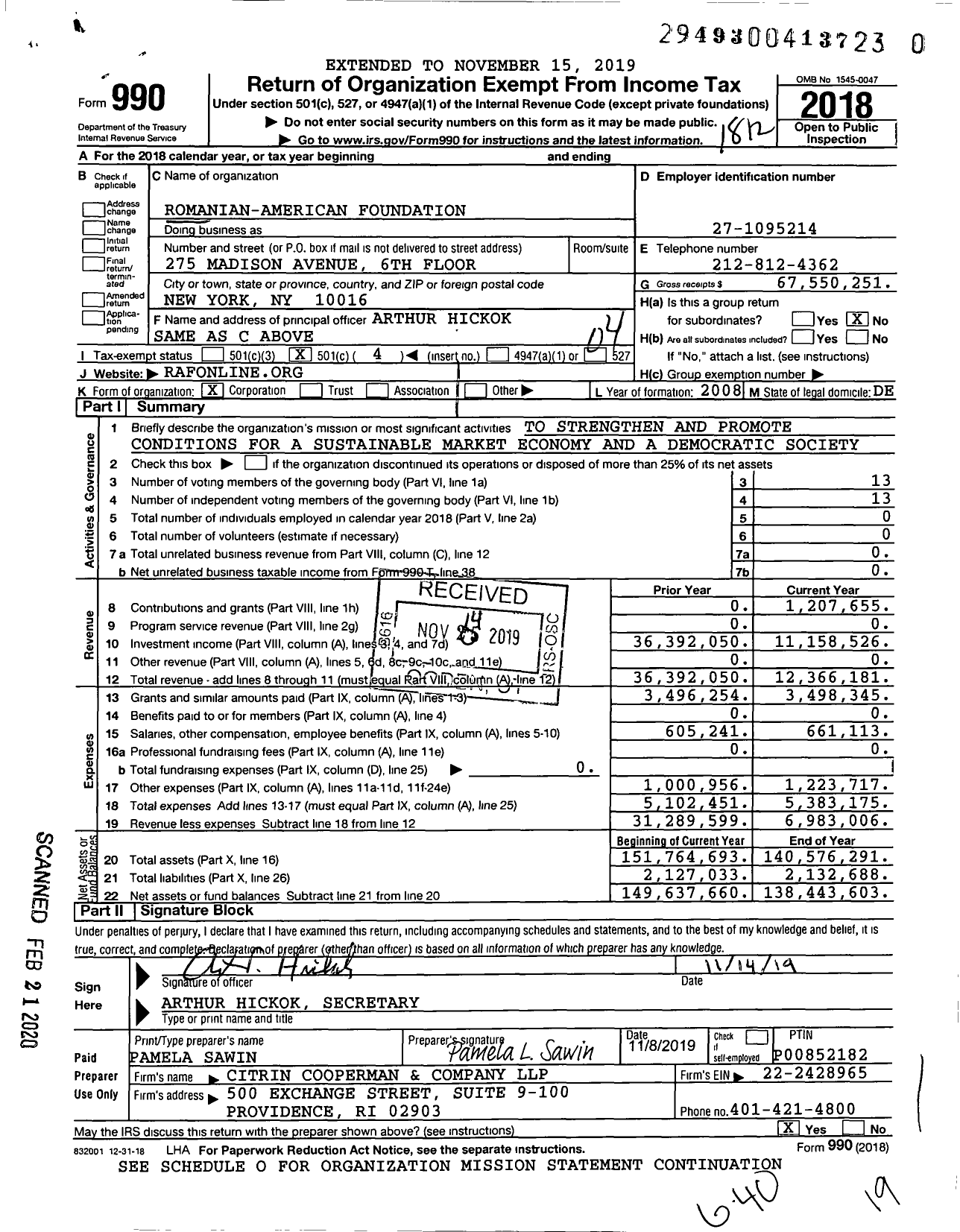 Image of first page of 2018 Form 990O for Romanian-American Foundation