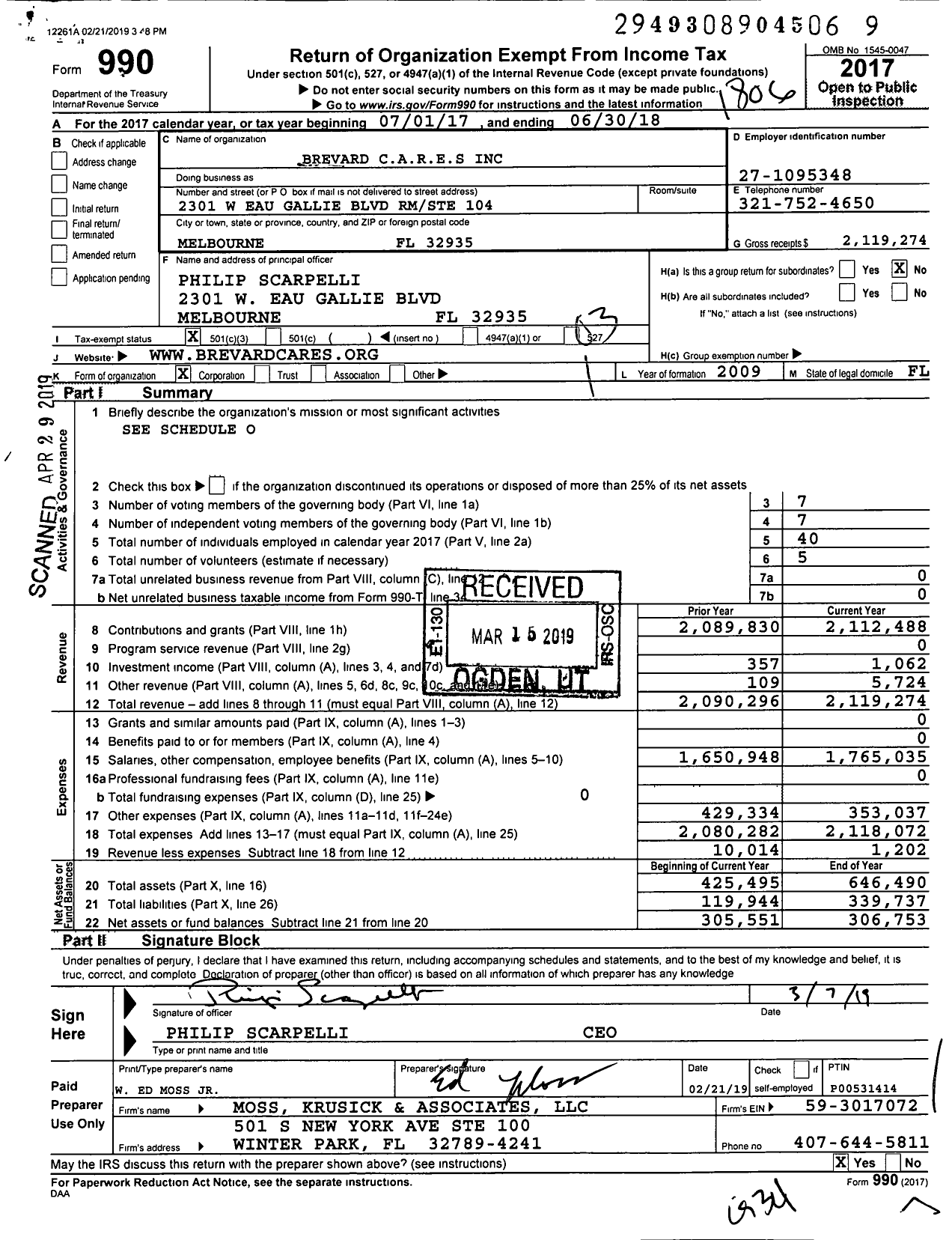 Image of first page of 2017 Form 990 for Brevard Cares