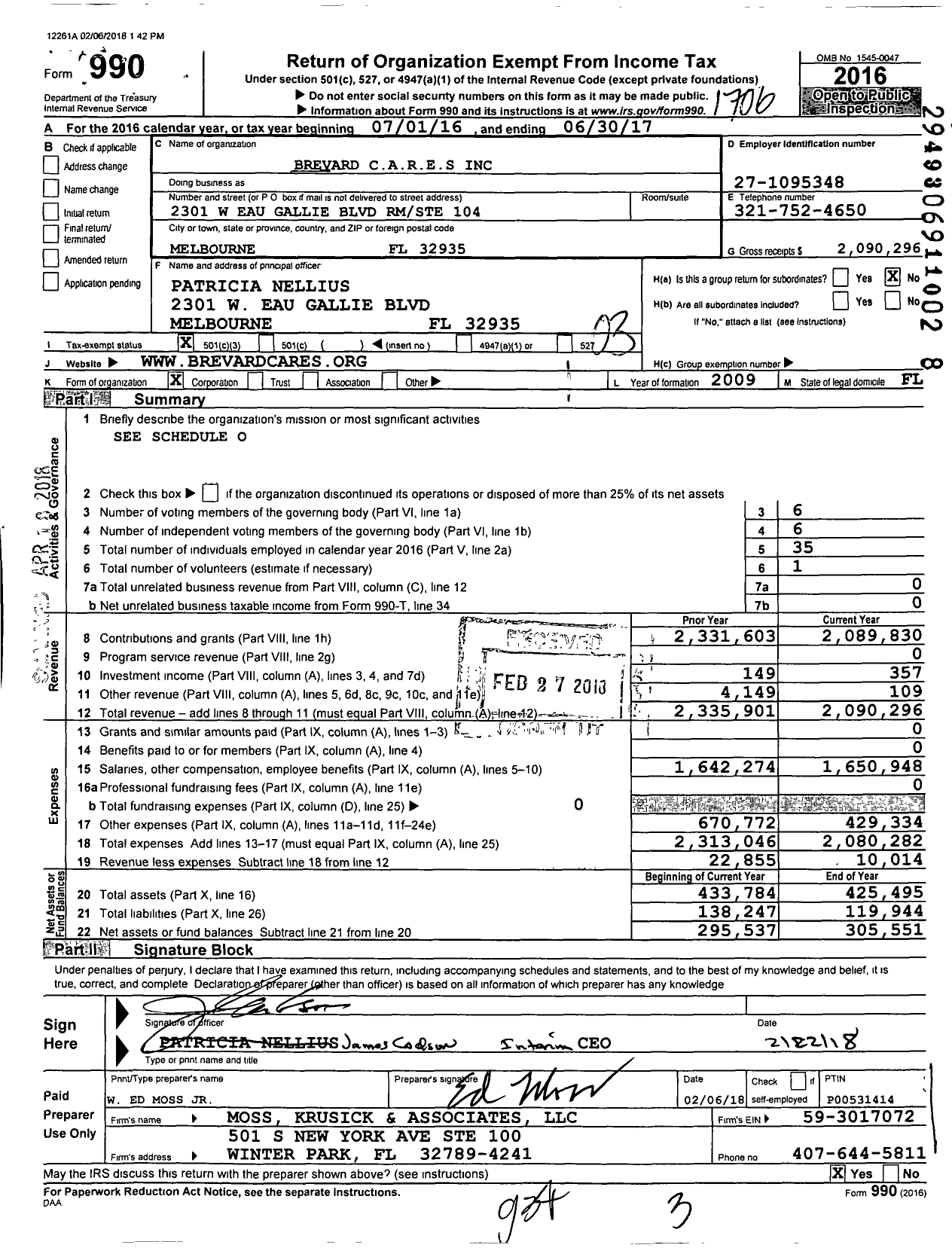 Image of first page of 2016 Form 990 for Brevard Cares