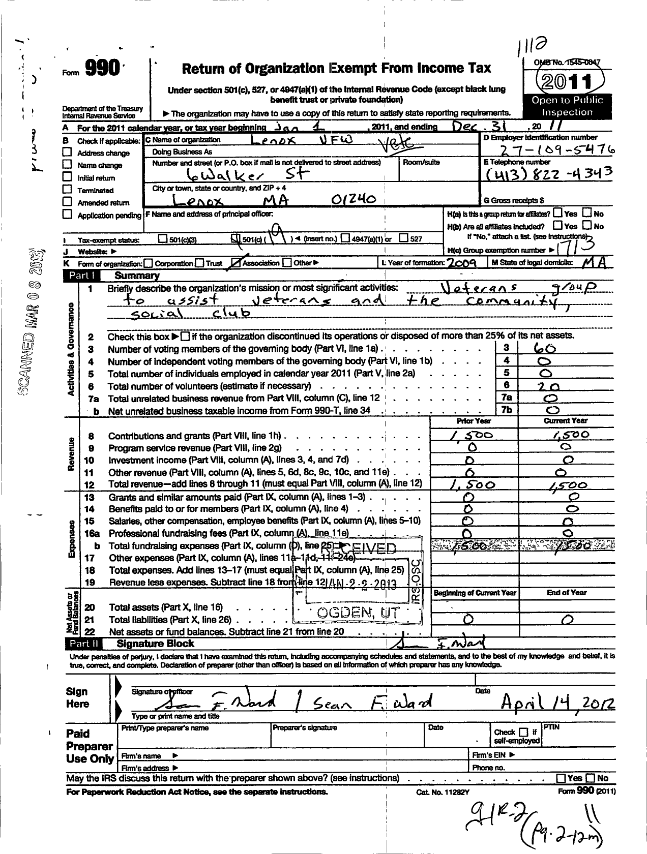 Image of first page of 2011 Form 990O for VFW Department of Massachusetts - 12079 VFW Post