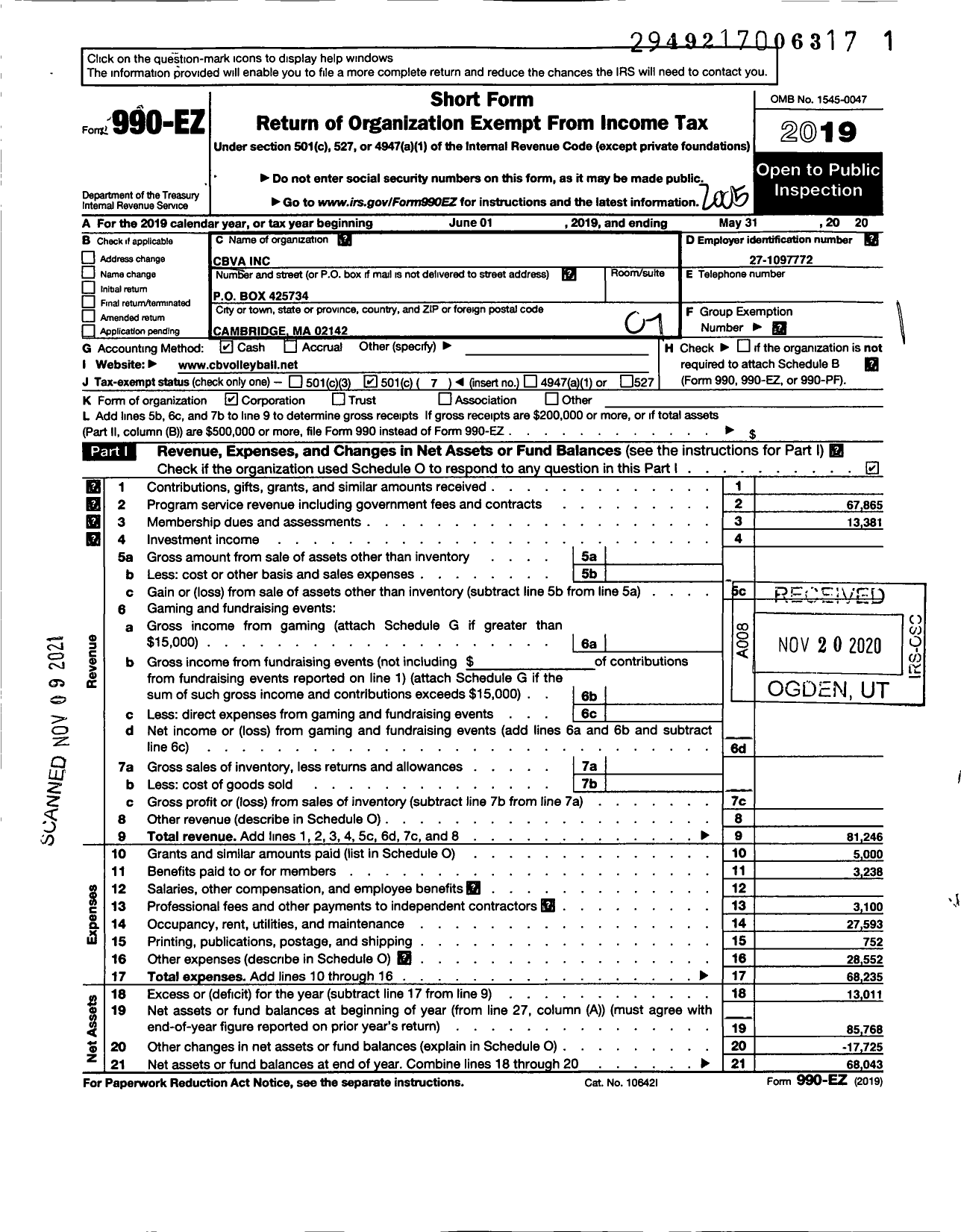 Image of first page of 2019 Form 990EO for Cambridge Boston Volleyball Association (CBVA)