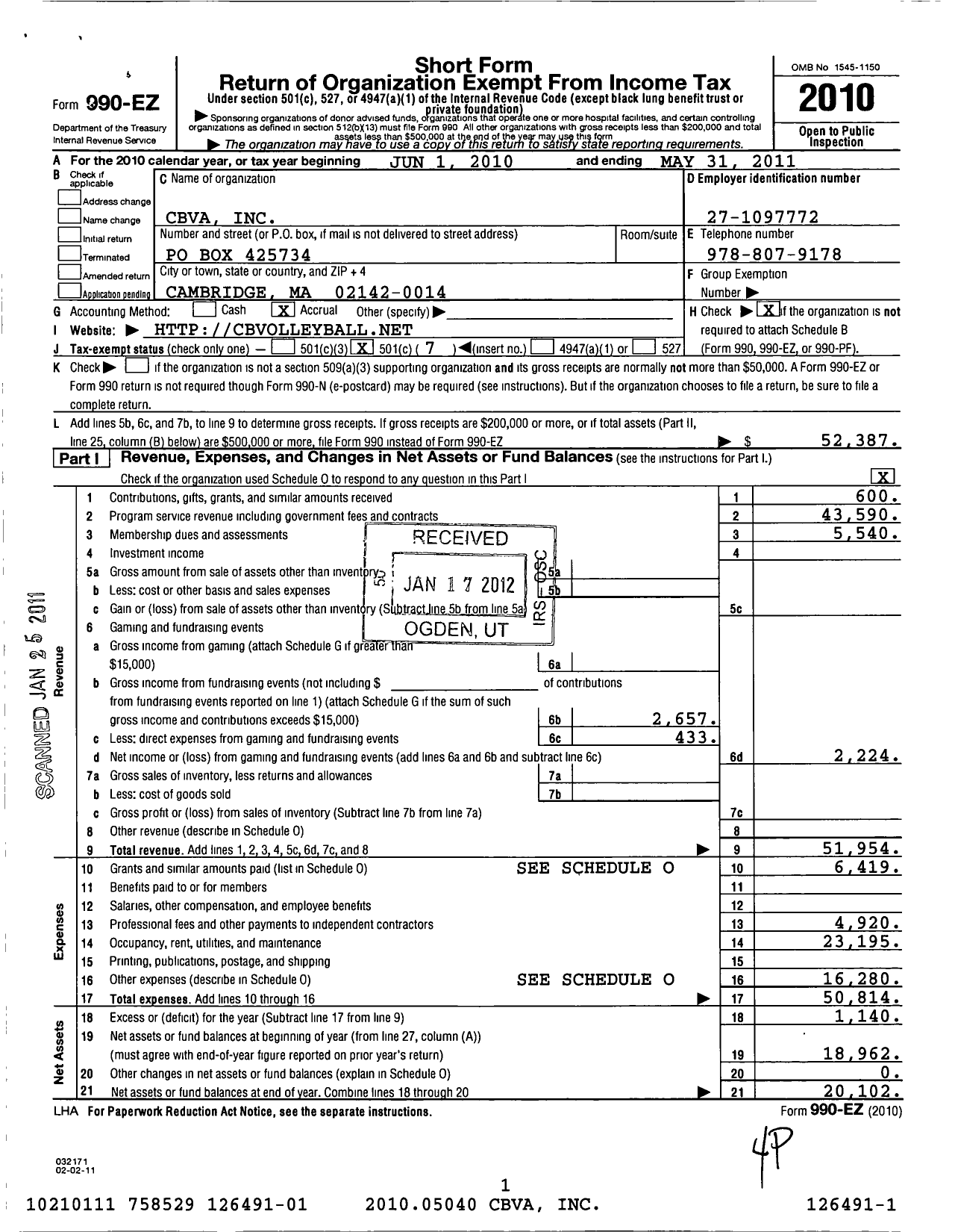 Image of first page of 2010 Form 990EO for Cambridge Boston Volleyball Association (CBVA)