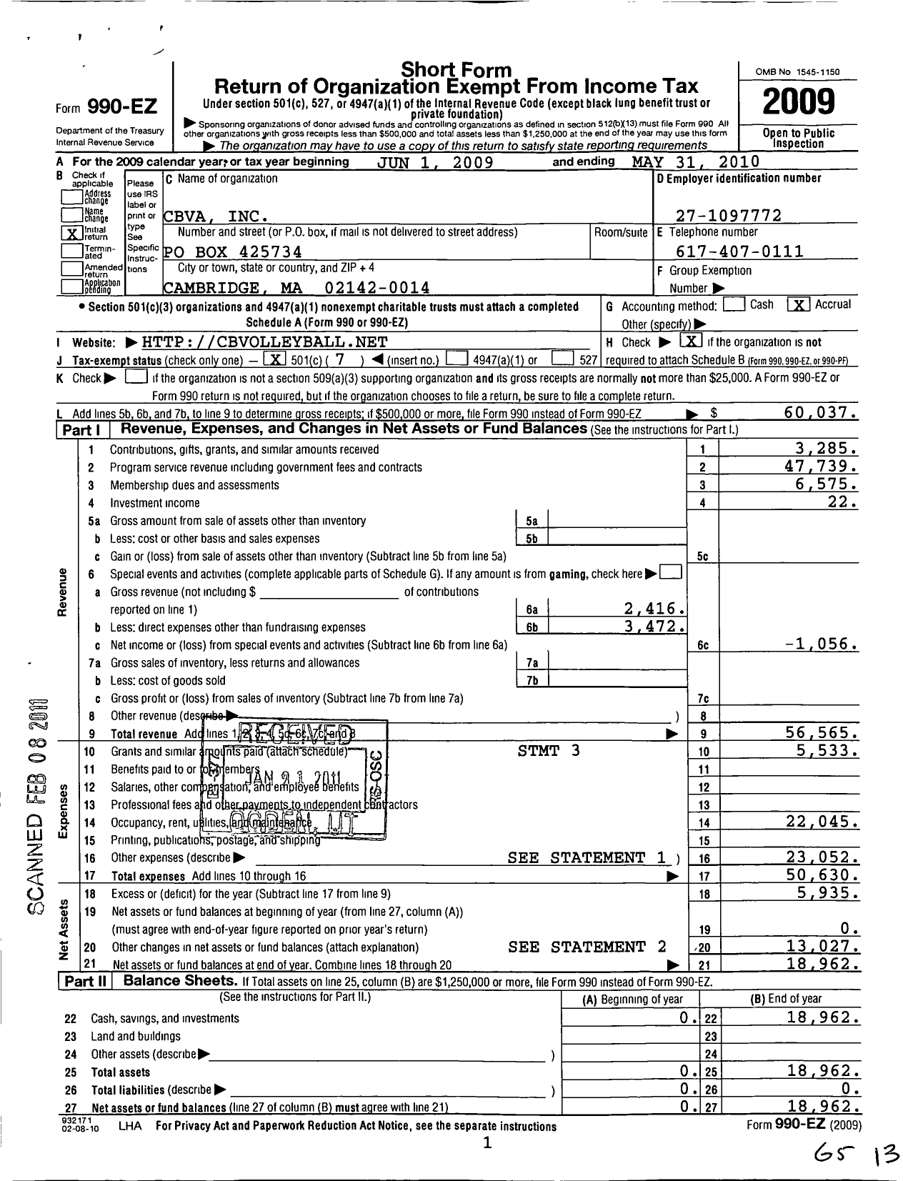 Image of first page of 2009 Form 990EO for Cambridge Boston Volleyball Association (CBVA)