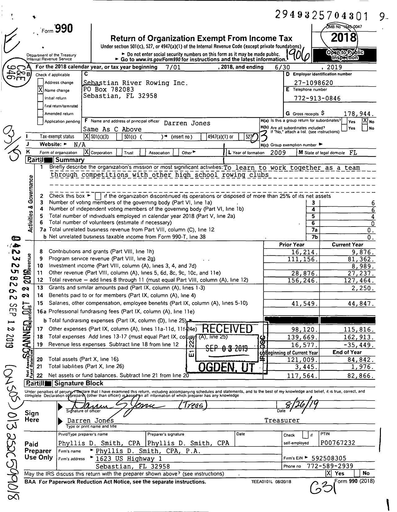 Image of first page of 2018 Form 990 for Sebastian River Rowing