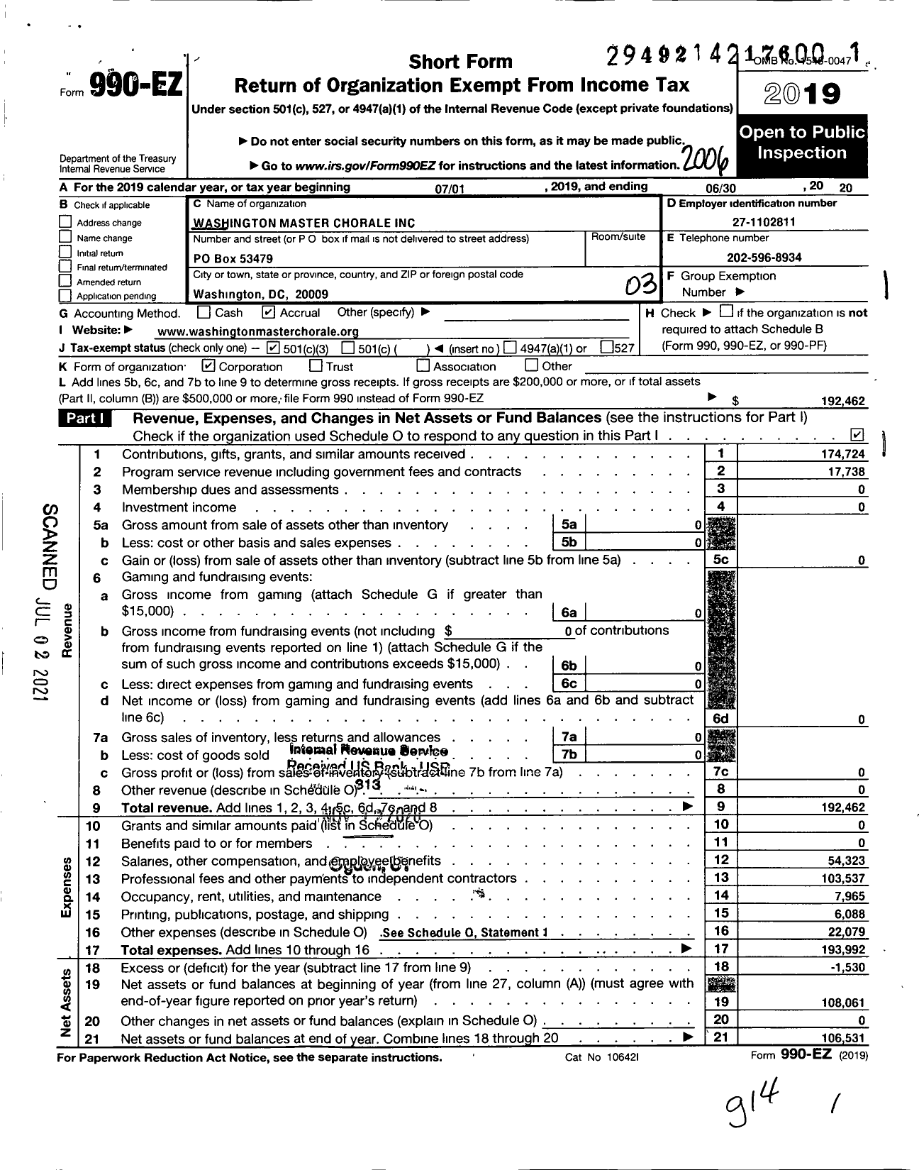 Image of first page of 2019 Form 990EZ for Washington Master Chorale