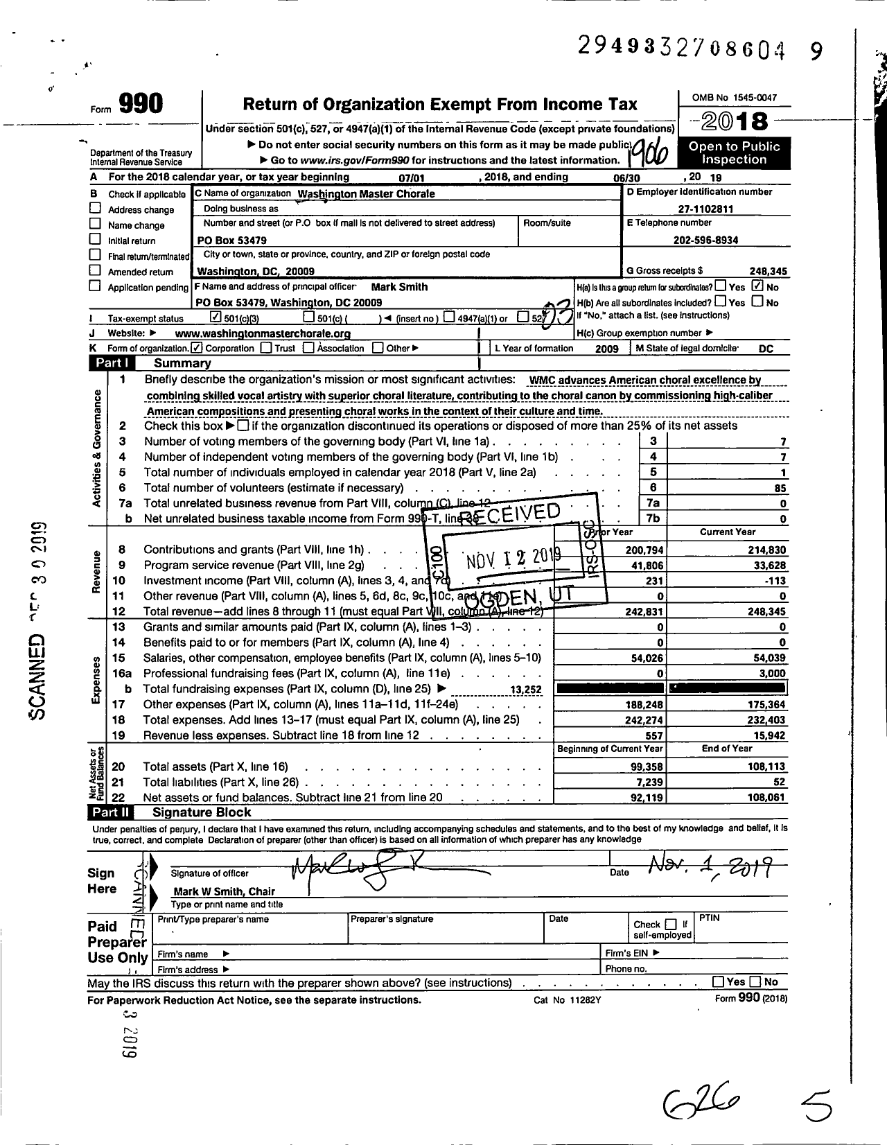 Image of first page of 2018 Form 990 for Washington Master Chorale