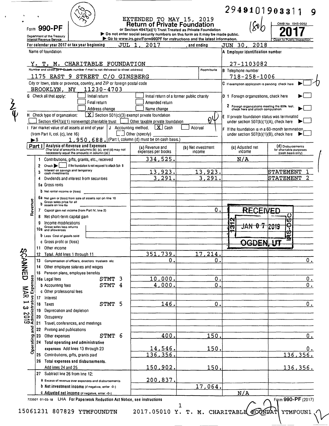 Image of first page of 2017 Form 990PF for Y T M Charitable Foundation