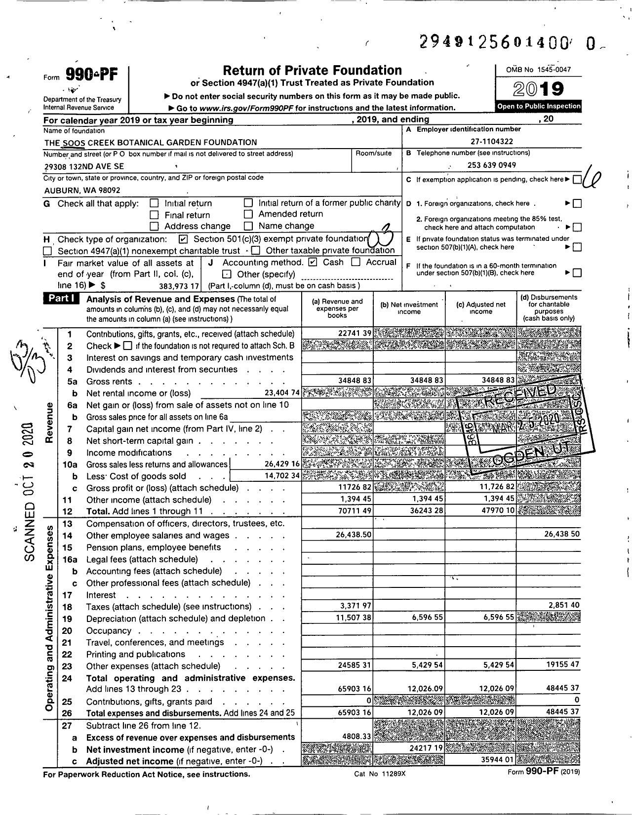 Image of first page of 2019 Form 990PR for The Soos Creek Botanical Garden Foundation