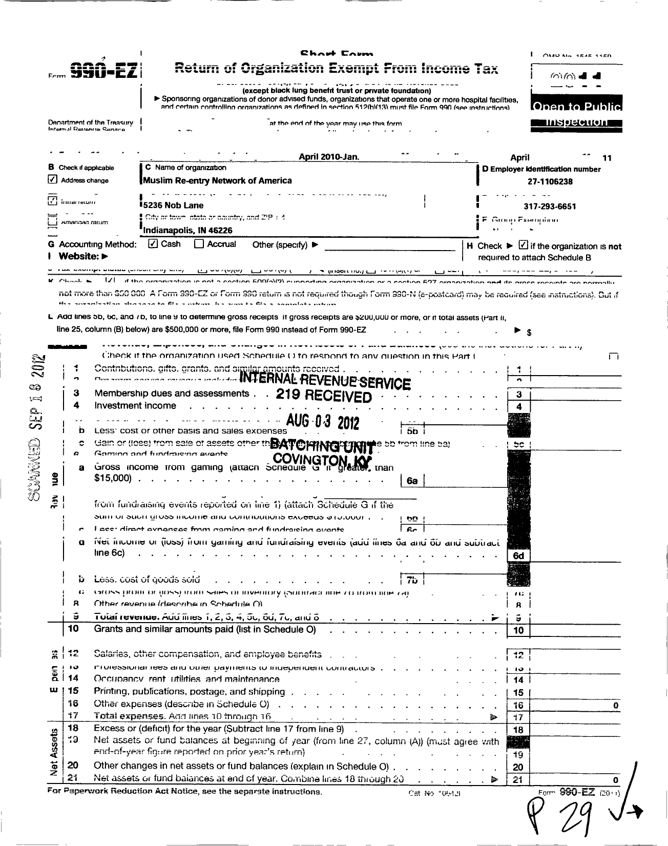 Image of first page of 2010 Form 990EO for Muslim Re-Entry Network of America