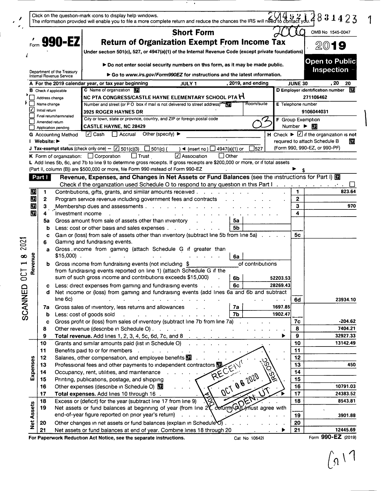 Image of first page of 2019 Form 990EZ for North Carolina PTA - Castle Hayne Elementary School PTA