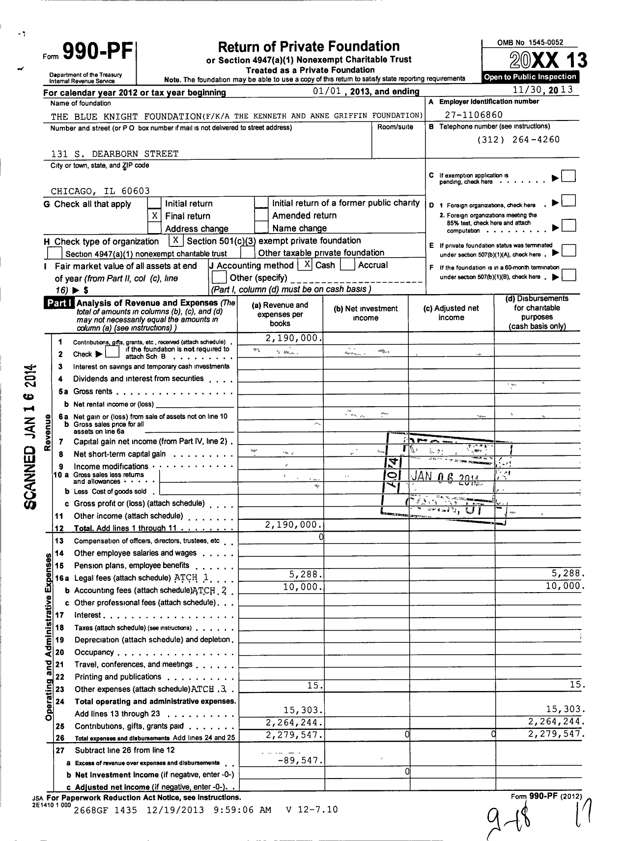 Image of first page of 2012 Form 990PF for Blue Knight Foundation