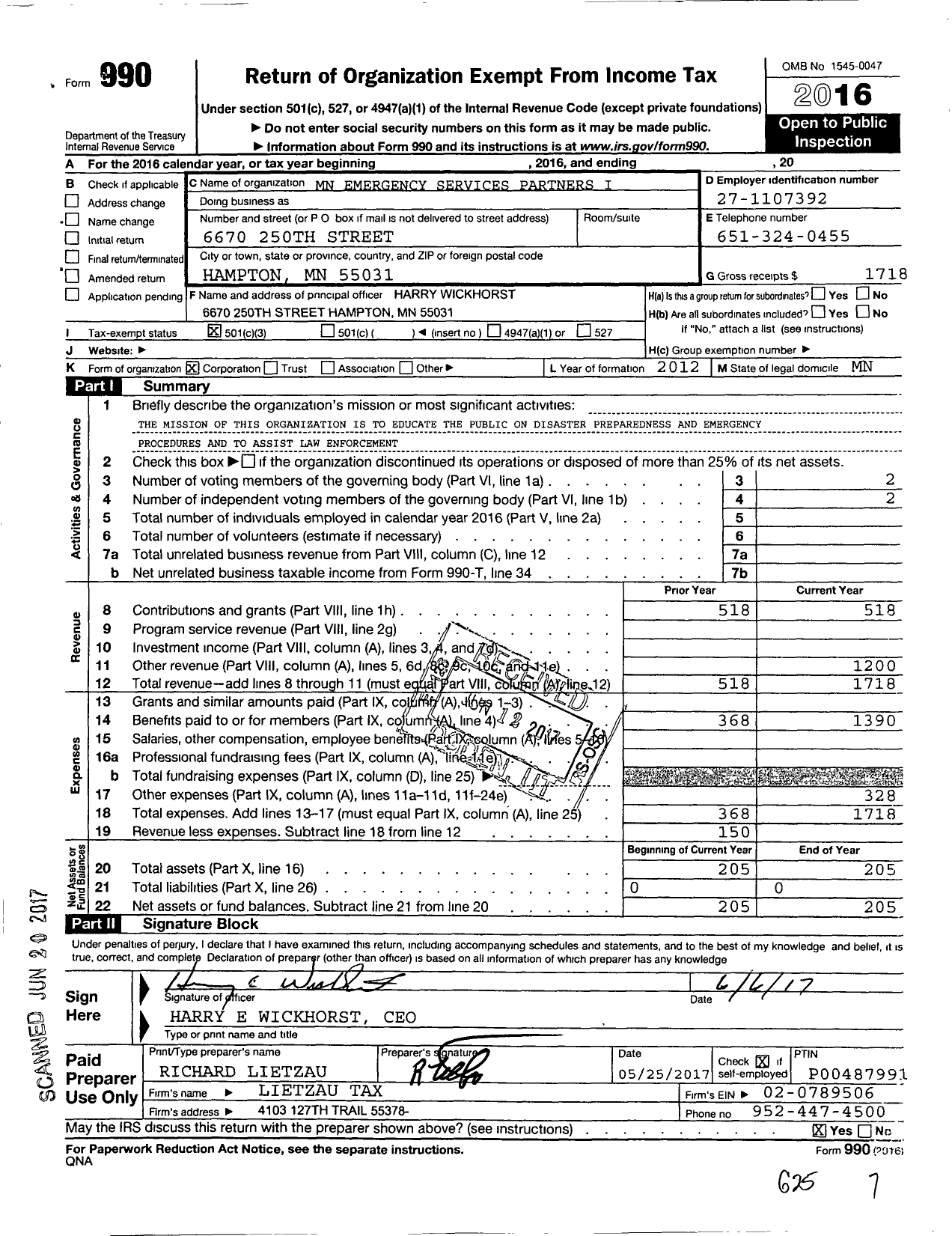 Image of first page of 2016 Form 990 for Minnesota Emergency Services Partners