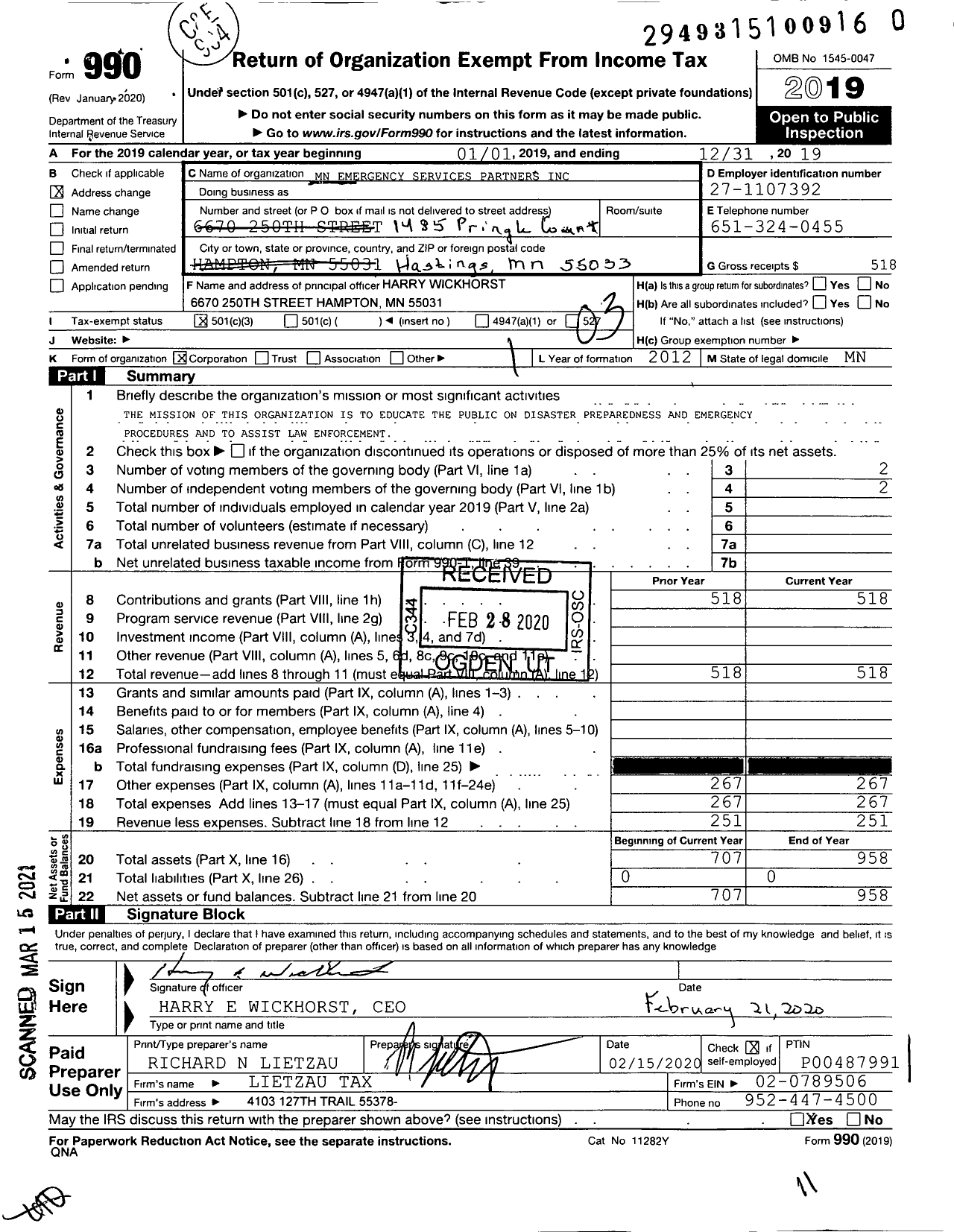 Image of first page of 2019 Form 990 for Minnesota Emergency Services Partners