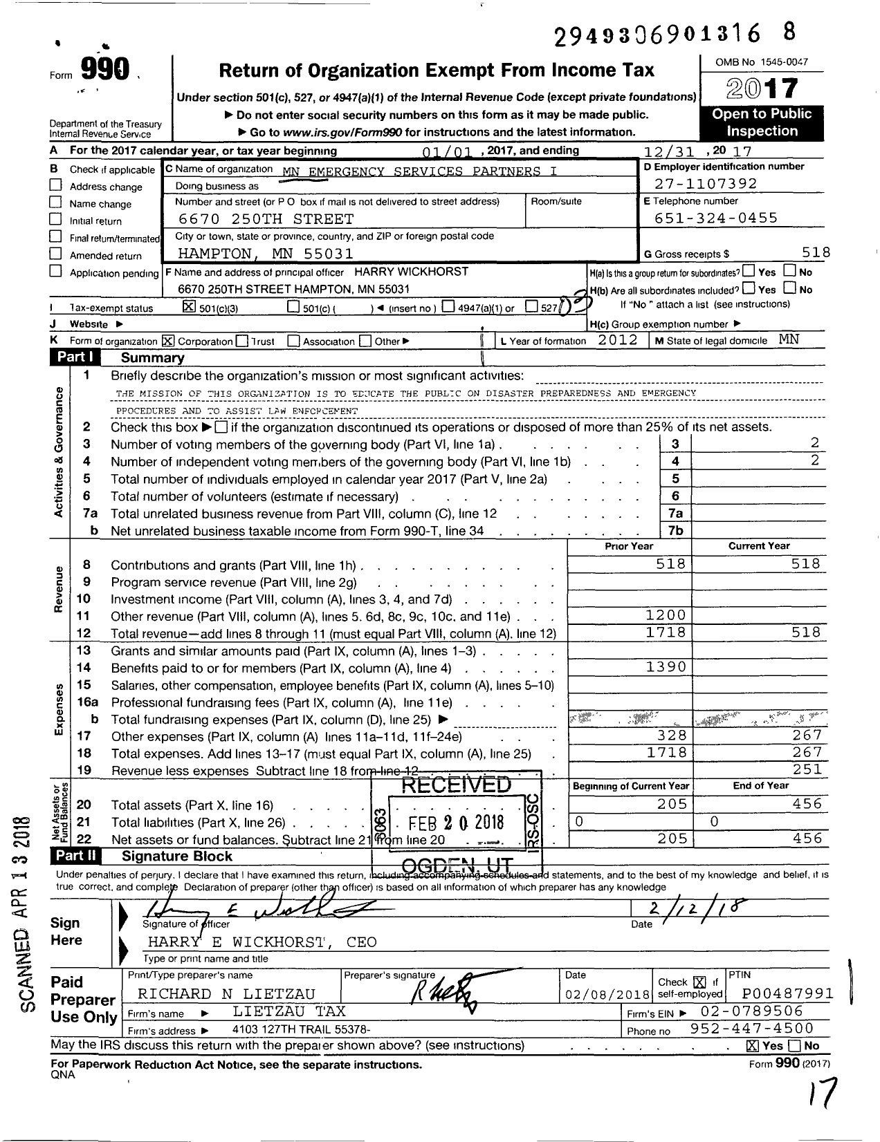 Image of first page of 2017 Form 990 for Minnesota Emergency Services Partners