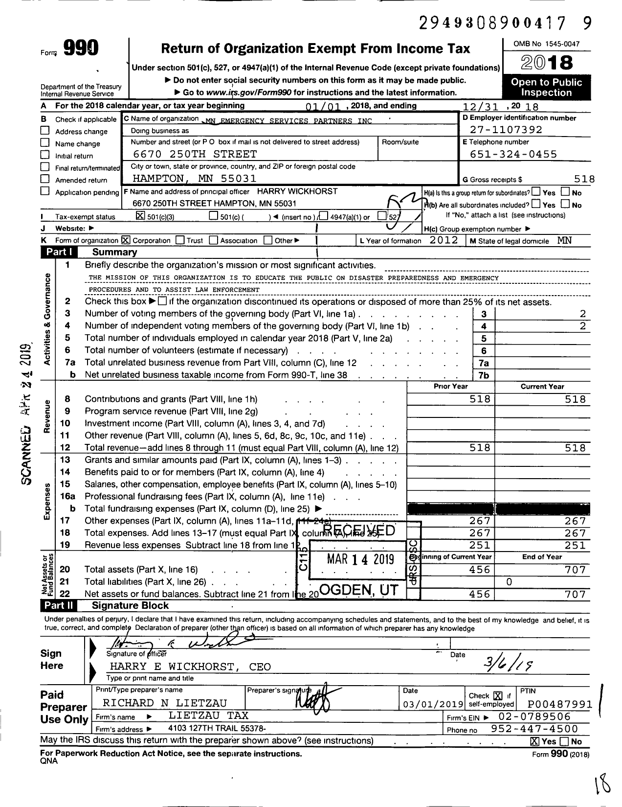 Image of first page of 2018 Form 990 for Minnesota Emergency Services Partners