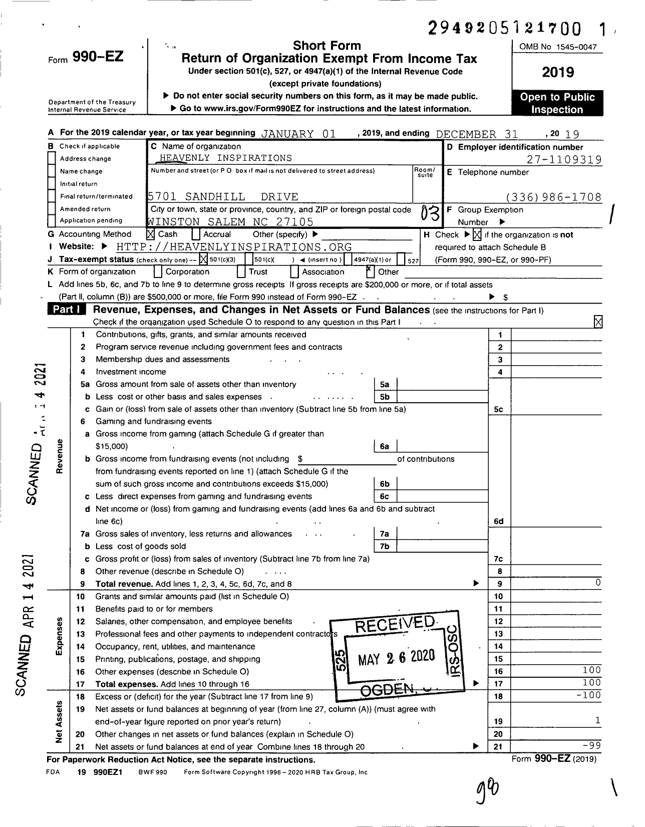 Image of first page of 2019 Form 990EZ for HEAVENLY INSPIRATIONS CHRISTIAN MINISTRIEs