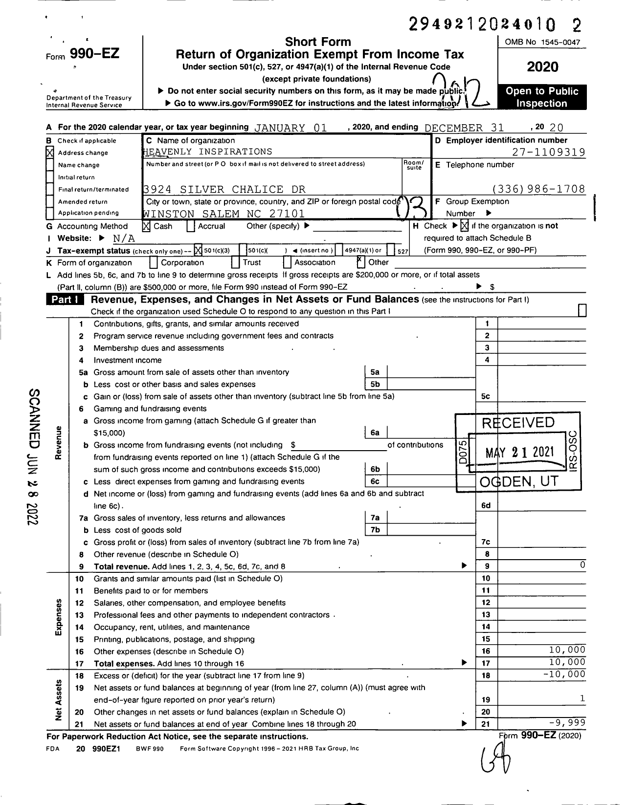 Image of first page of 2020 Form 990EZ for HEAVENLY INSPIRATIONS CHRISTIAN MINISTRIEs