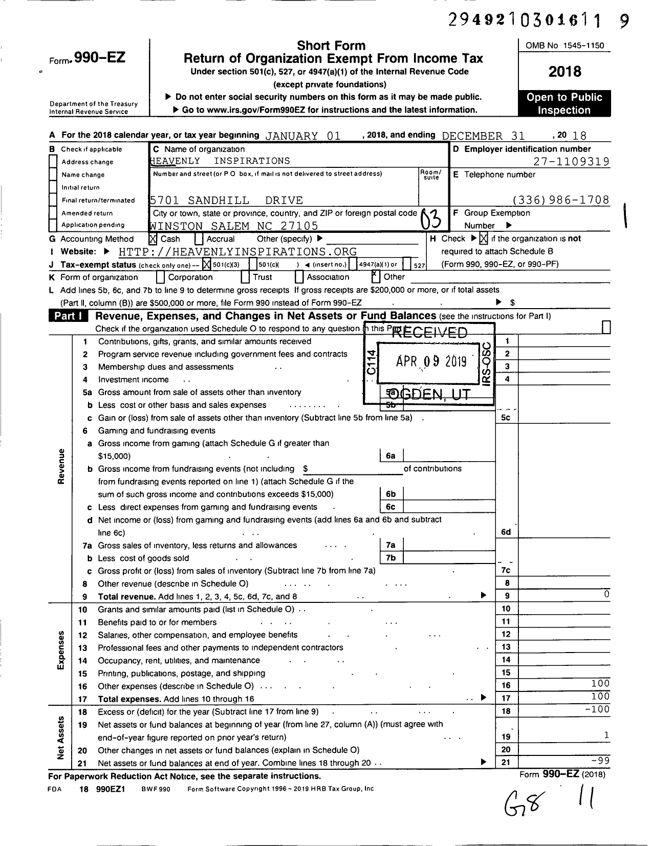 Image of first page of 2018 Form 990EZ for HEAVENLY INSPIRATIONS CHRISTIAN MINISTRIEs