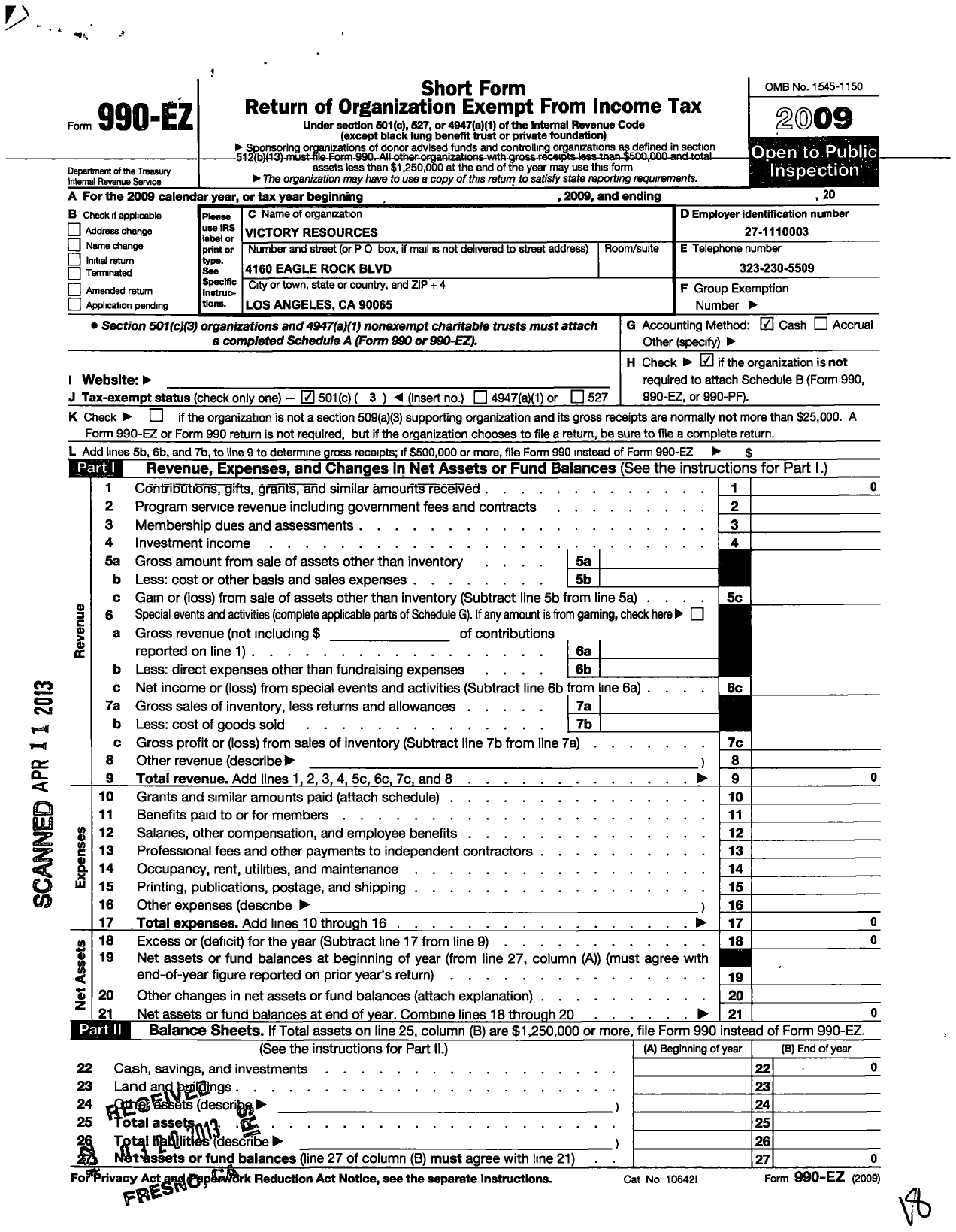 Image of first page of 2009 Form 990EZ for Victory Resources