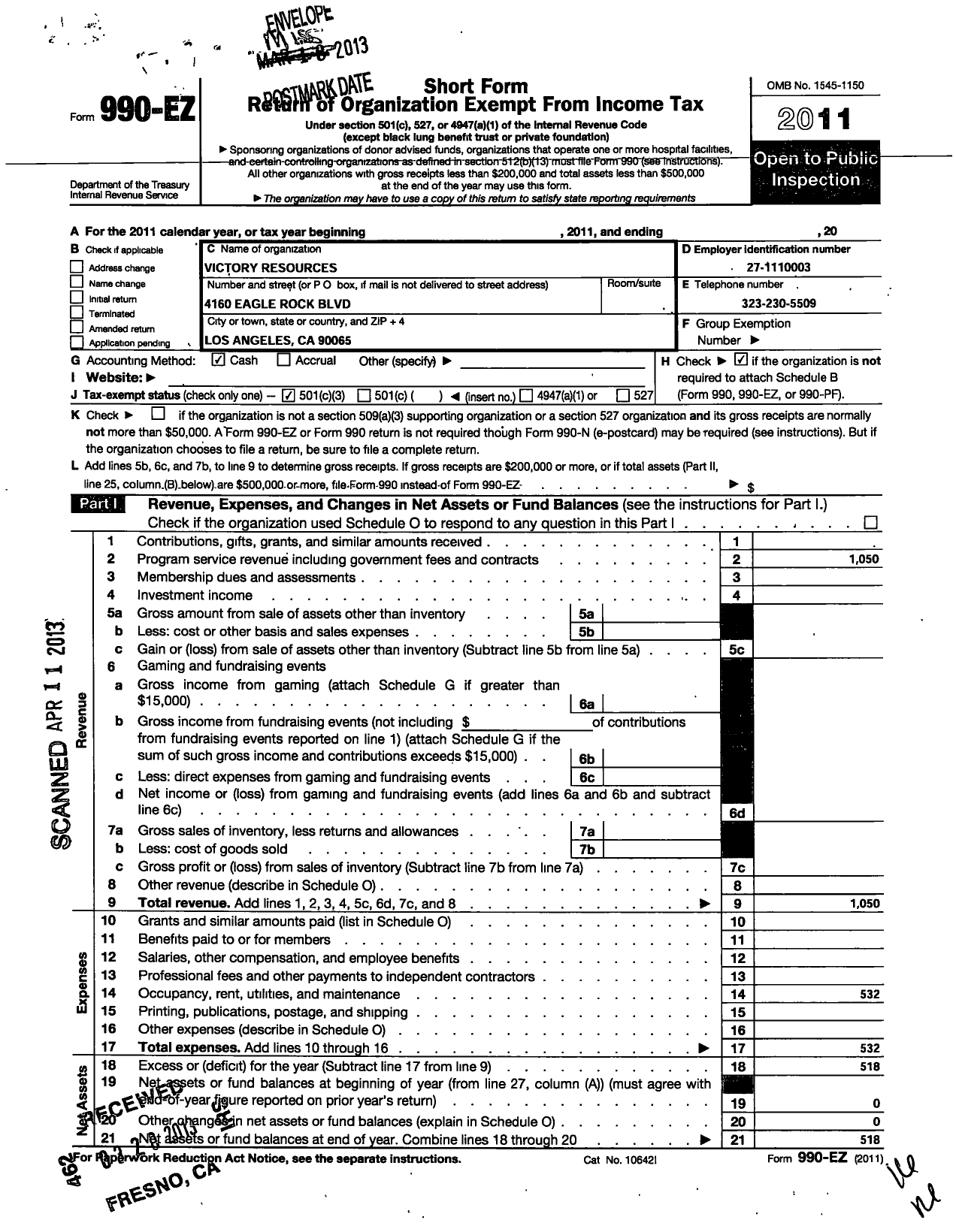 Image of first page of 2011 Form 990EZ for Victory Resources