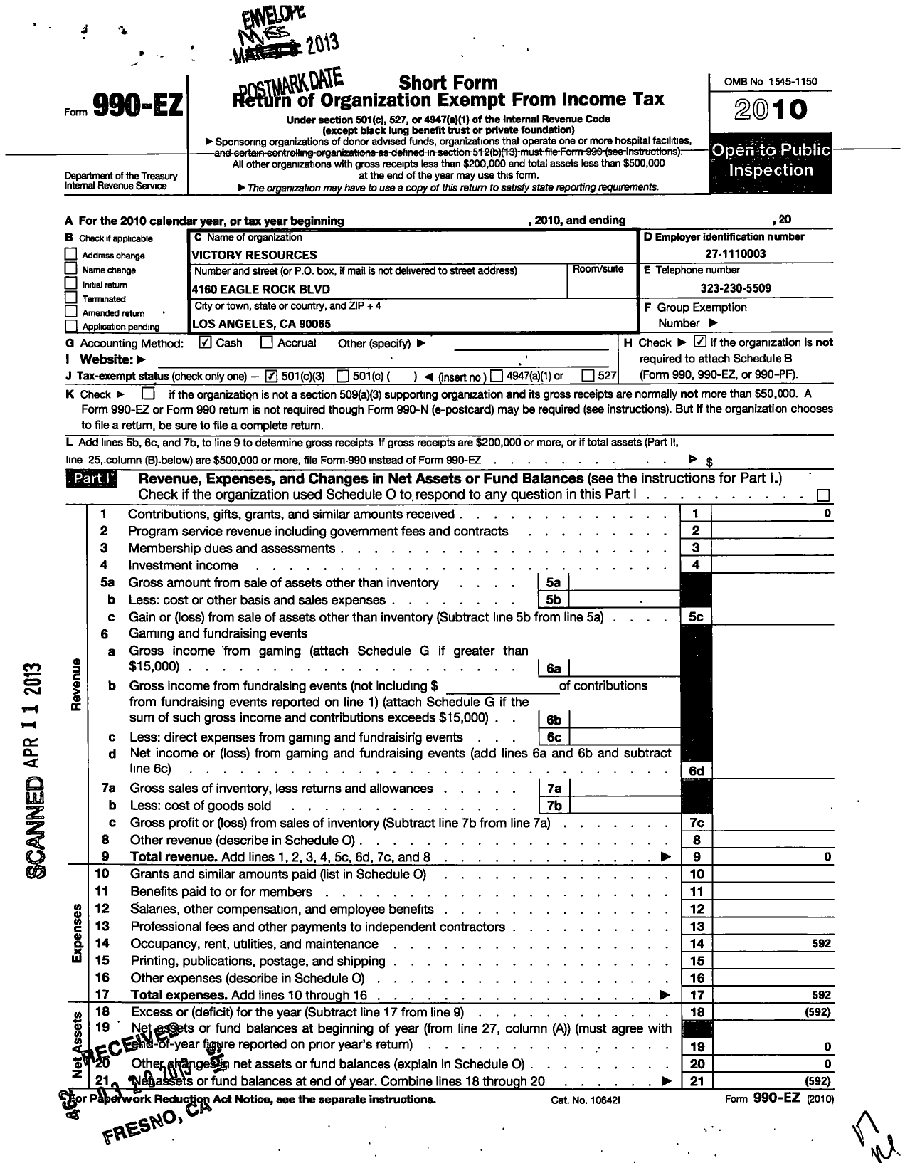 Image of first page of 2010 Form 990EZ for Victory Resources