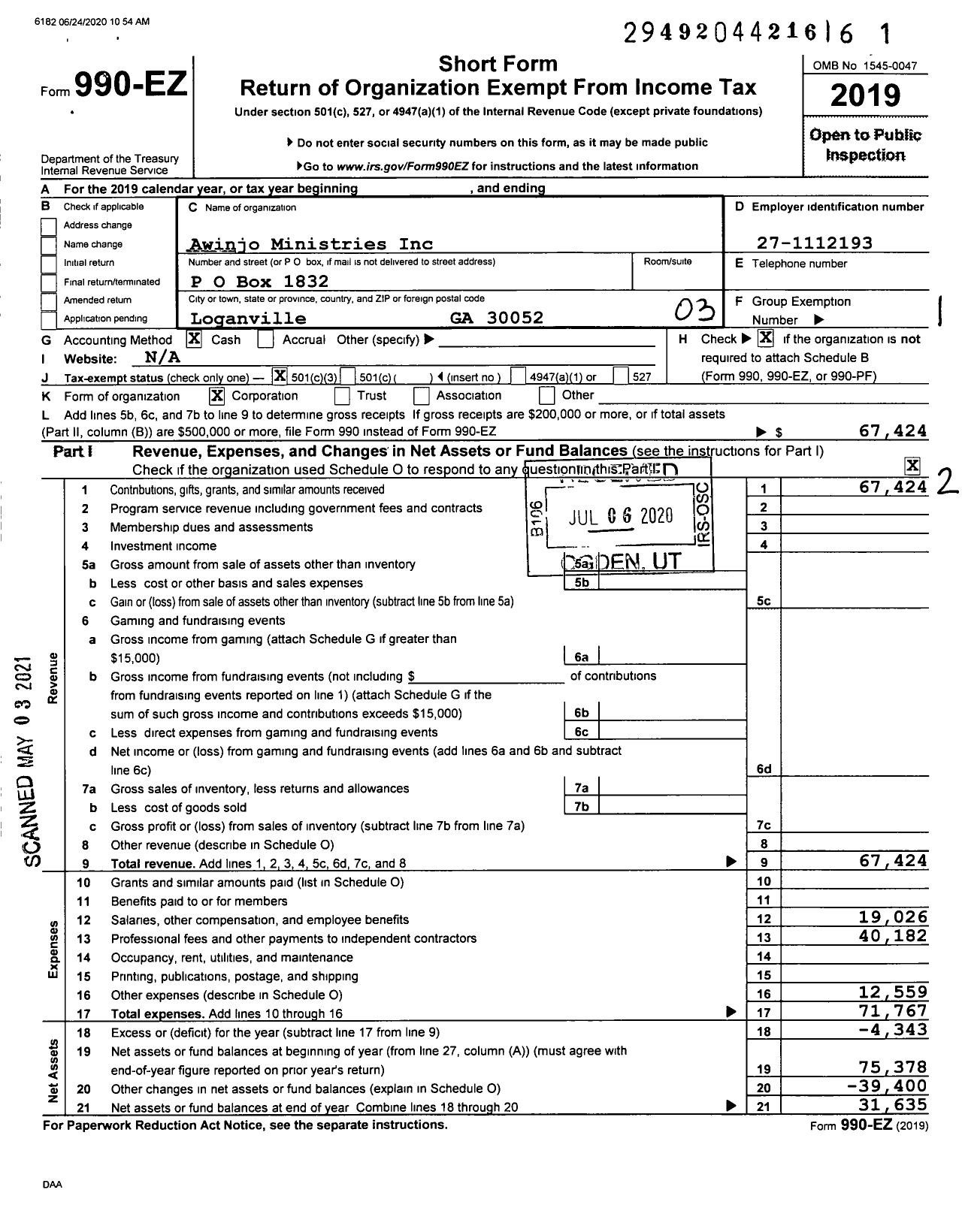 Image of first page of 2019 Form 990EZ for Awinjo Ministries