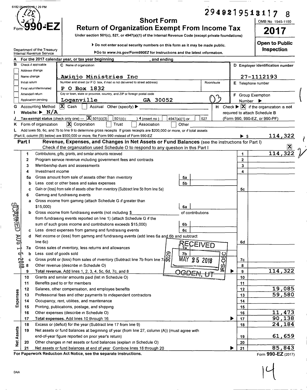 Image of first page of 2017 Form 990EZ for Awinjo Ministries