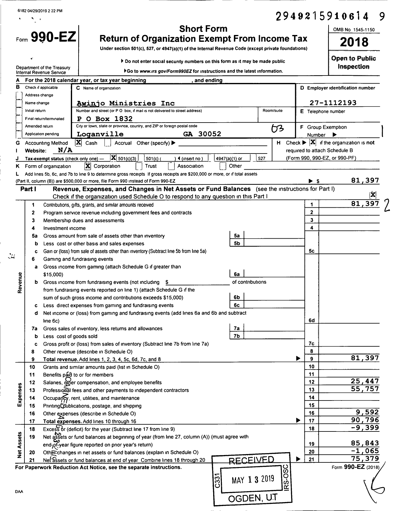 Image of first page of 2018 Form 990EZ for Awinjo Ministries