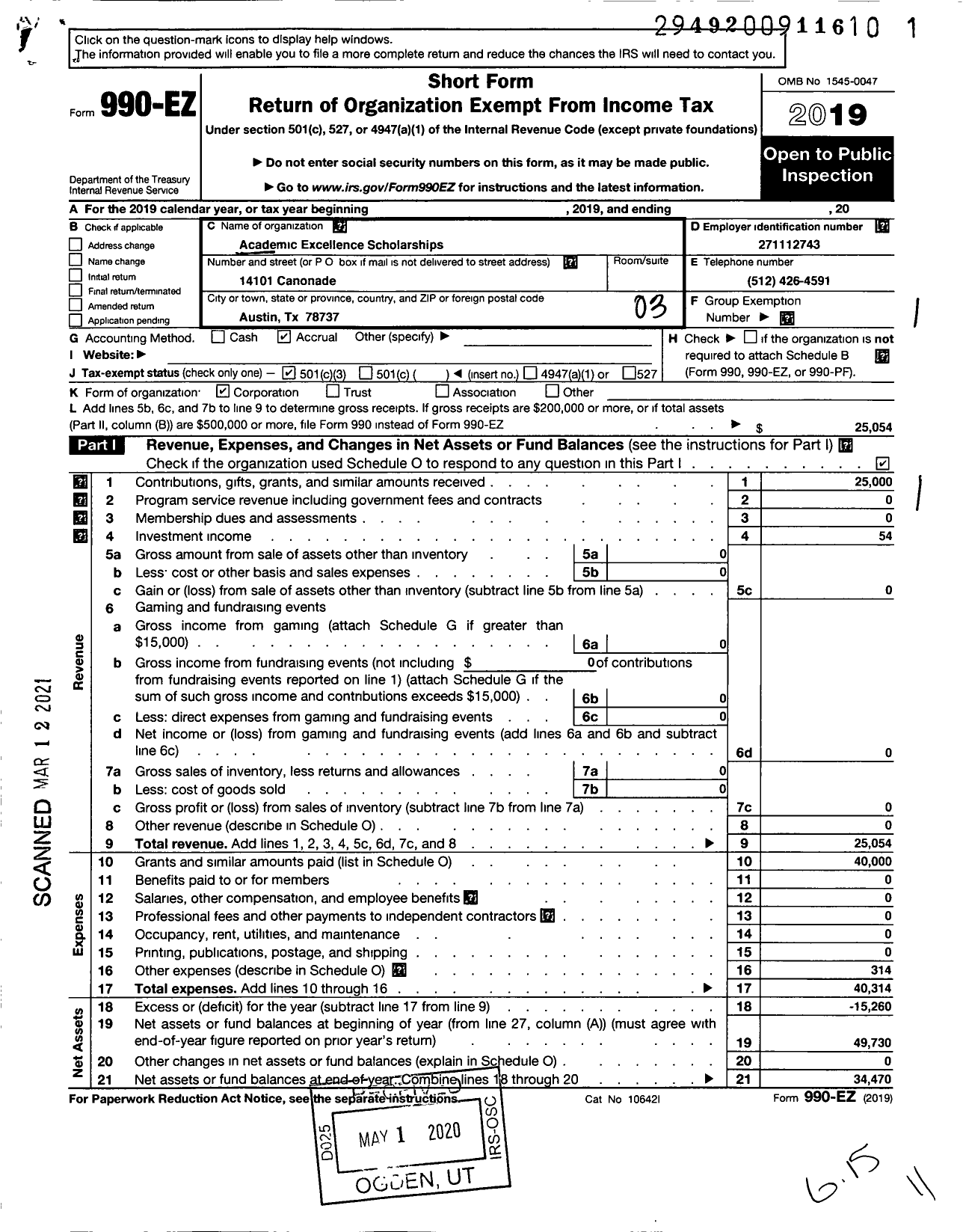 Image of first page of 2019 Form 990EZ for Academic Excellence Scholarships