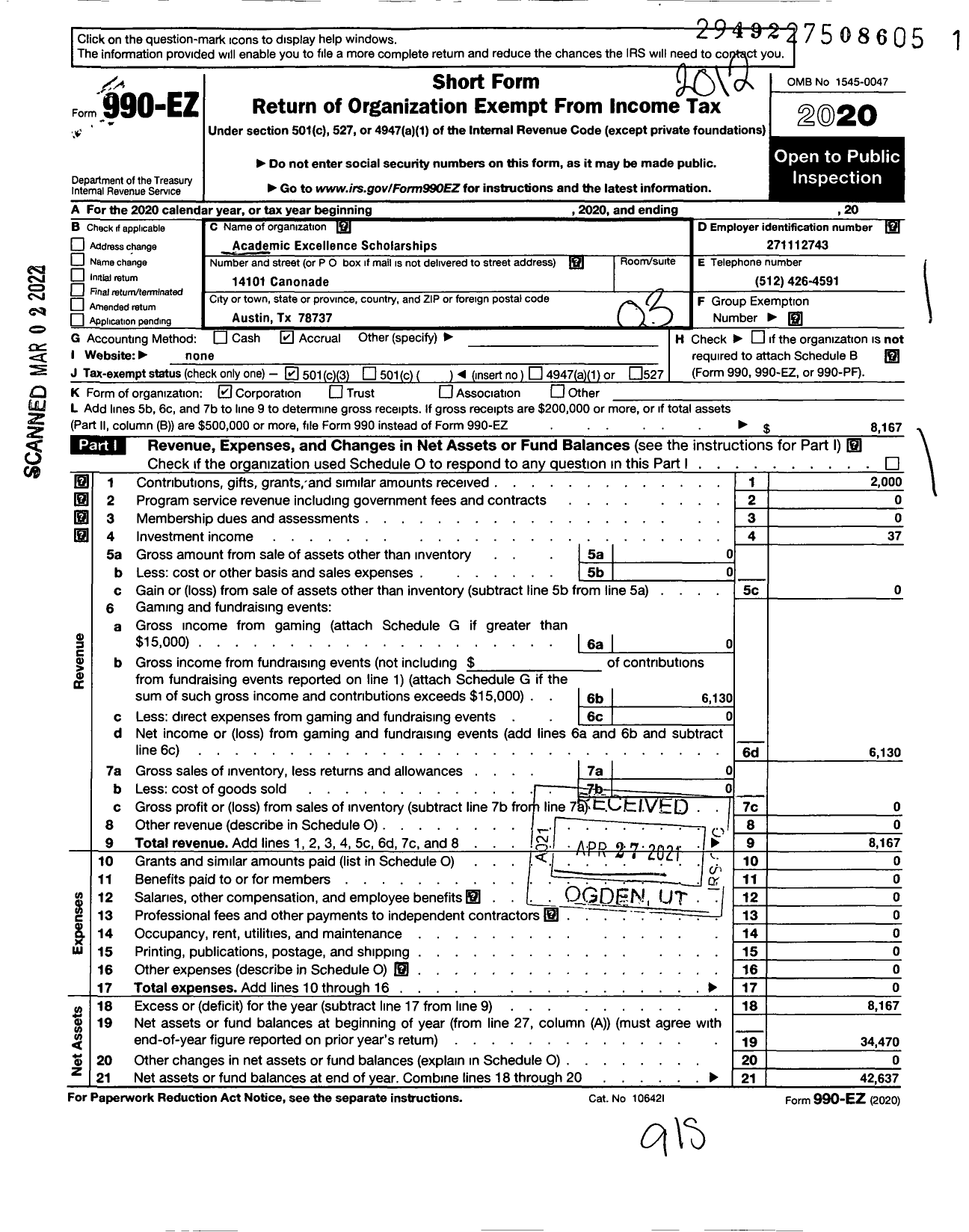 Image of first page of 2020 Form 990EZ for Academic Excellence Scholarships