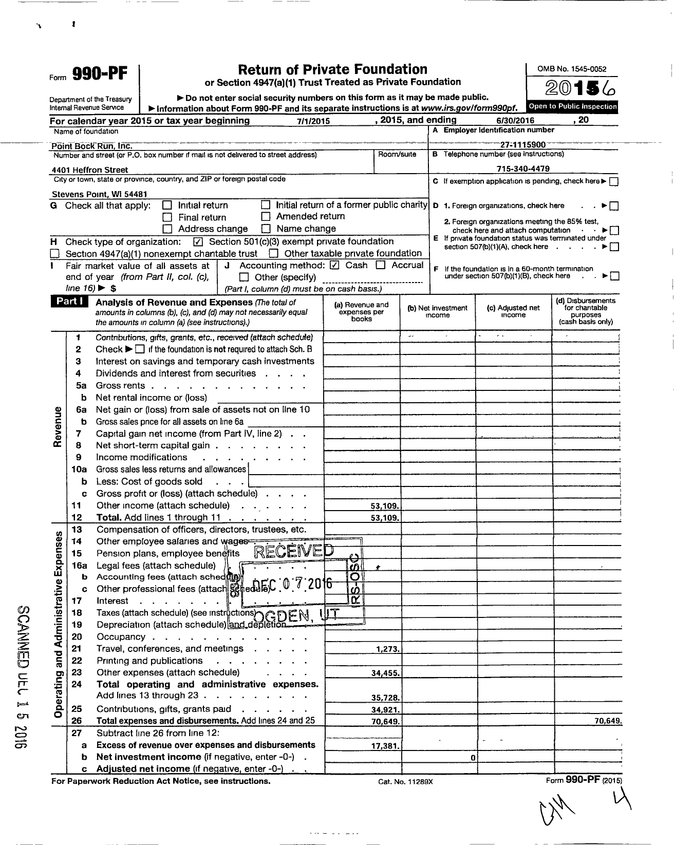 Image of first page of 2015 Form 990PF for Point Bock Run