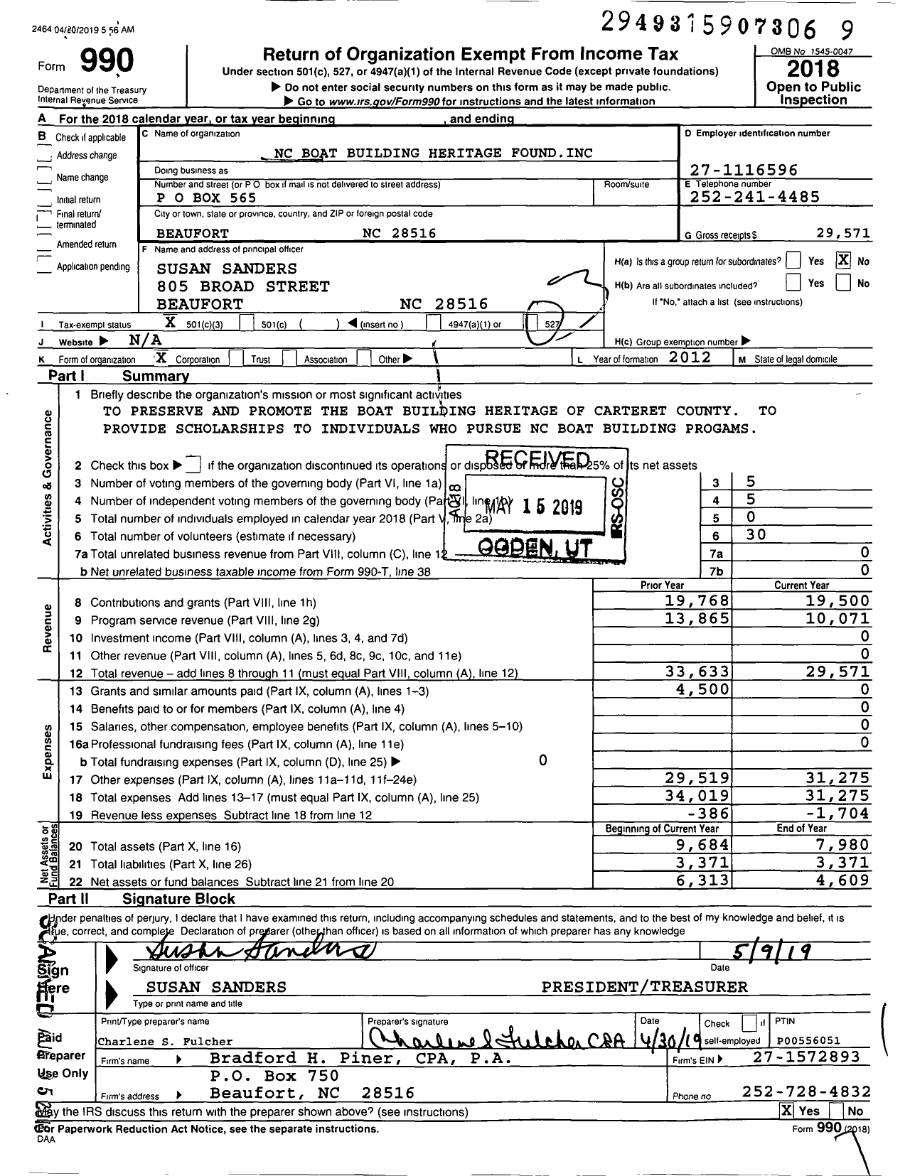 Image of first page of 2018 Form 990 for NC Boat Building Heritage Foundation