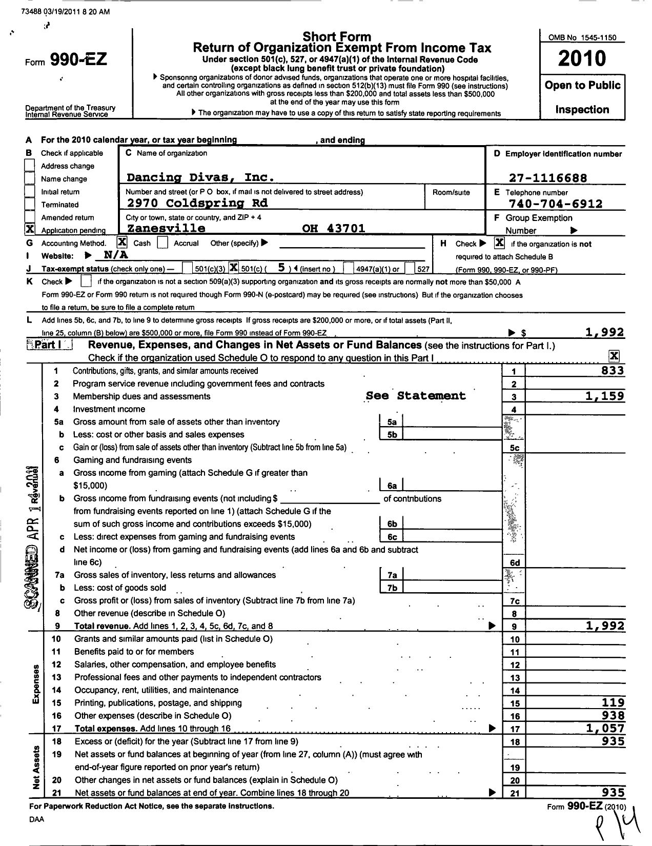 Image of first page of 2010 Form 990EO for Dancing Divas