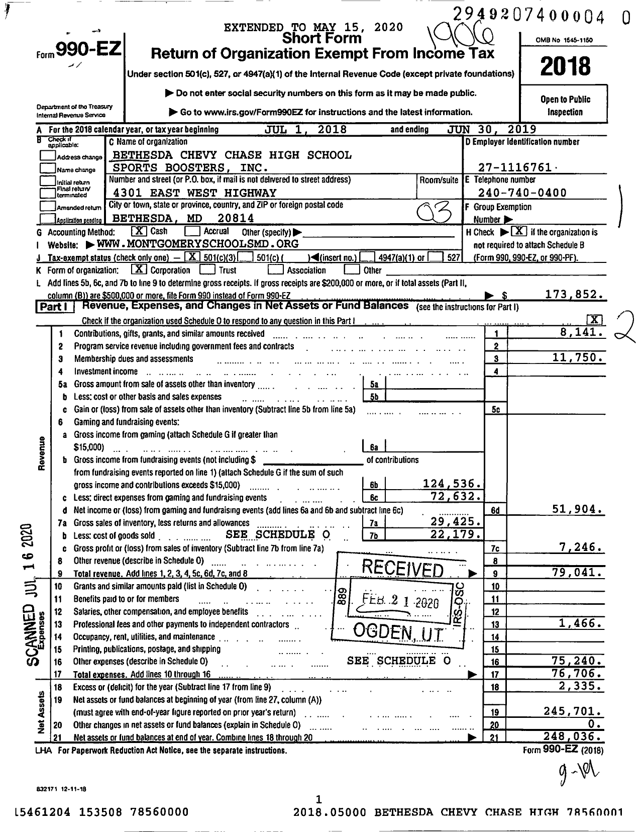 Image of first page of 2018 Form 990EZ for Bethesda Chevy Chase High School Sports Boosters