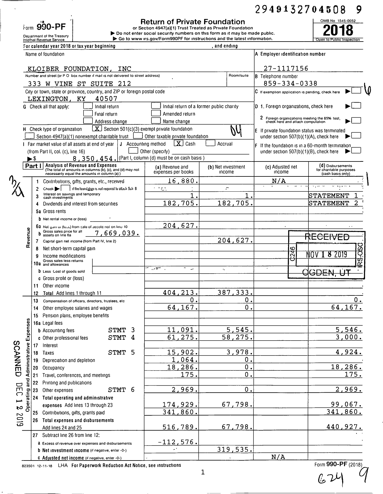 Image of first page of 2018 Form 990PF for Kloiber Foundation
