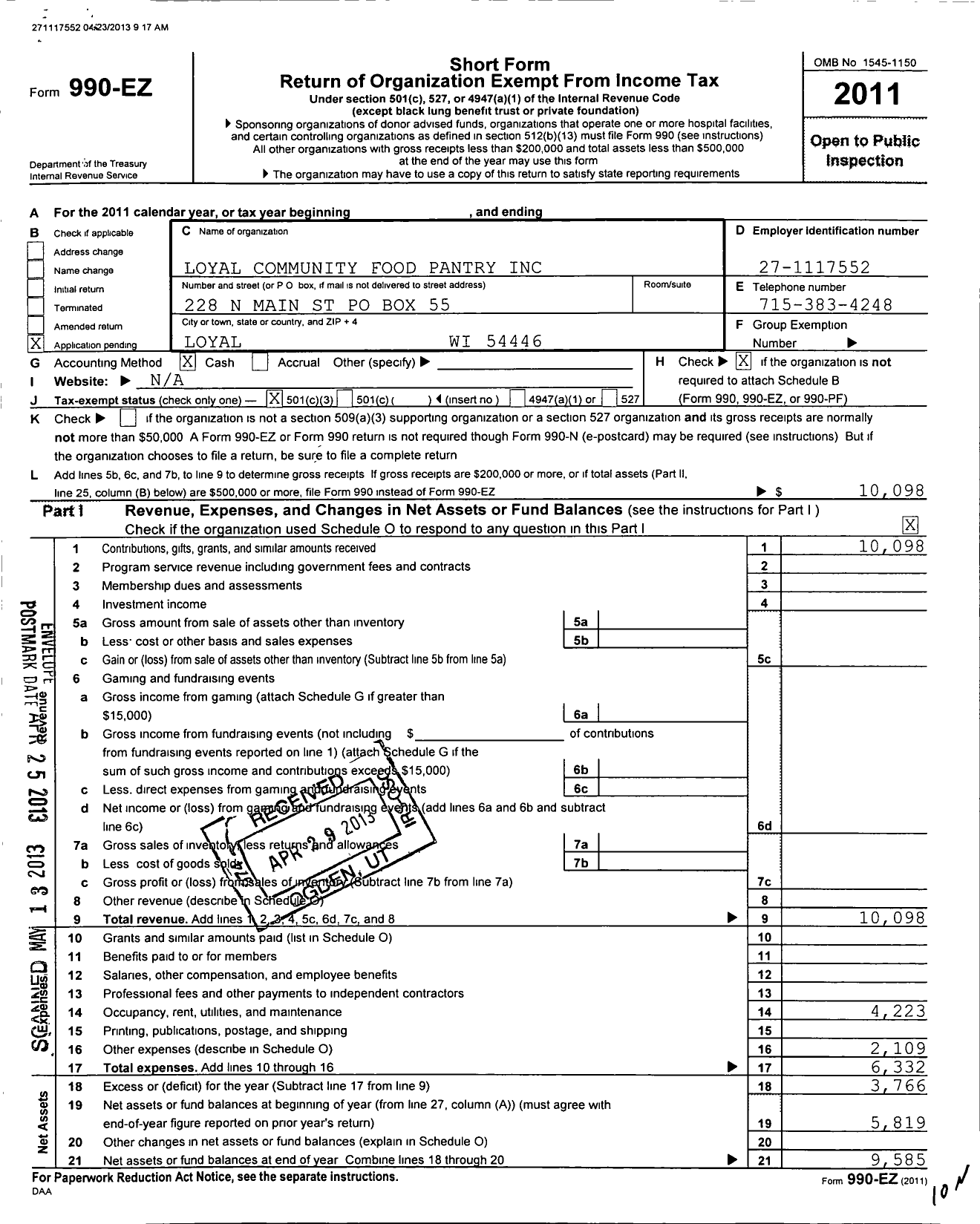 Image of first page of 2011 Form 990EZ for Loyal Community Food Pantry