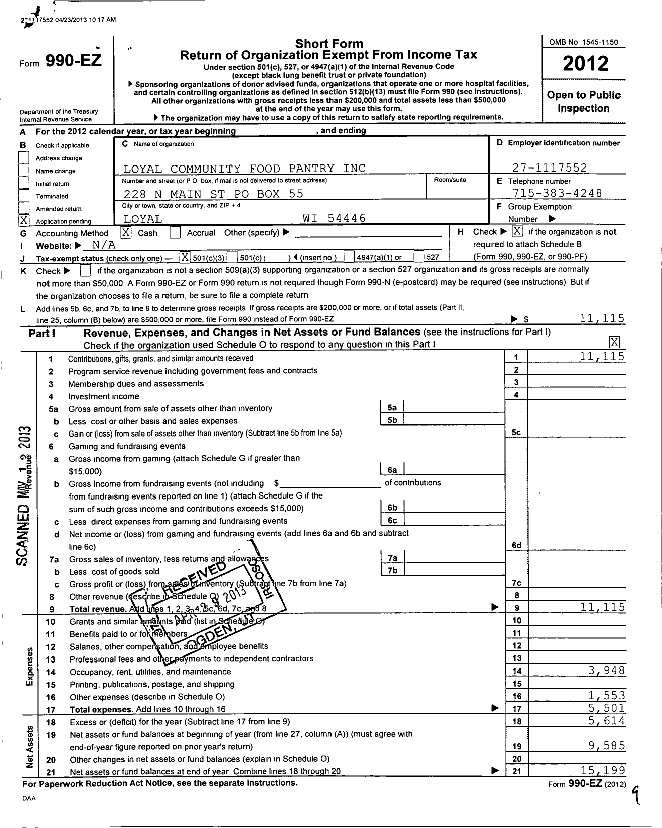 Image of first page of 2012 Form 990EZ for Loyal Community Food Pantry