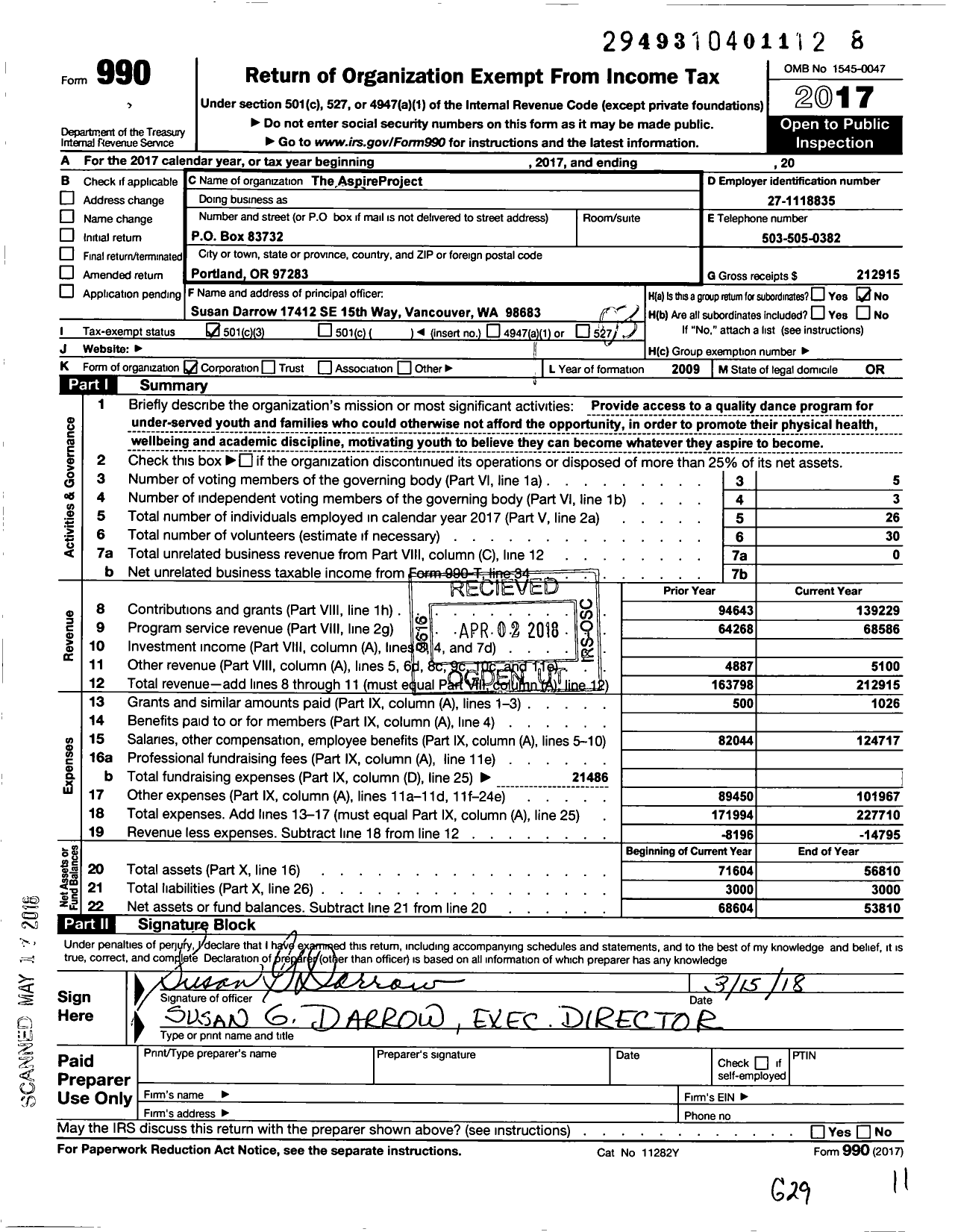 Image of first page of 2017 Form 990 for The Aspire Project