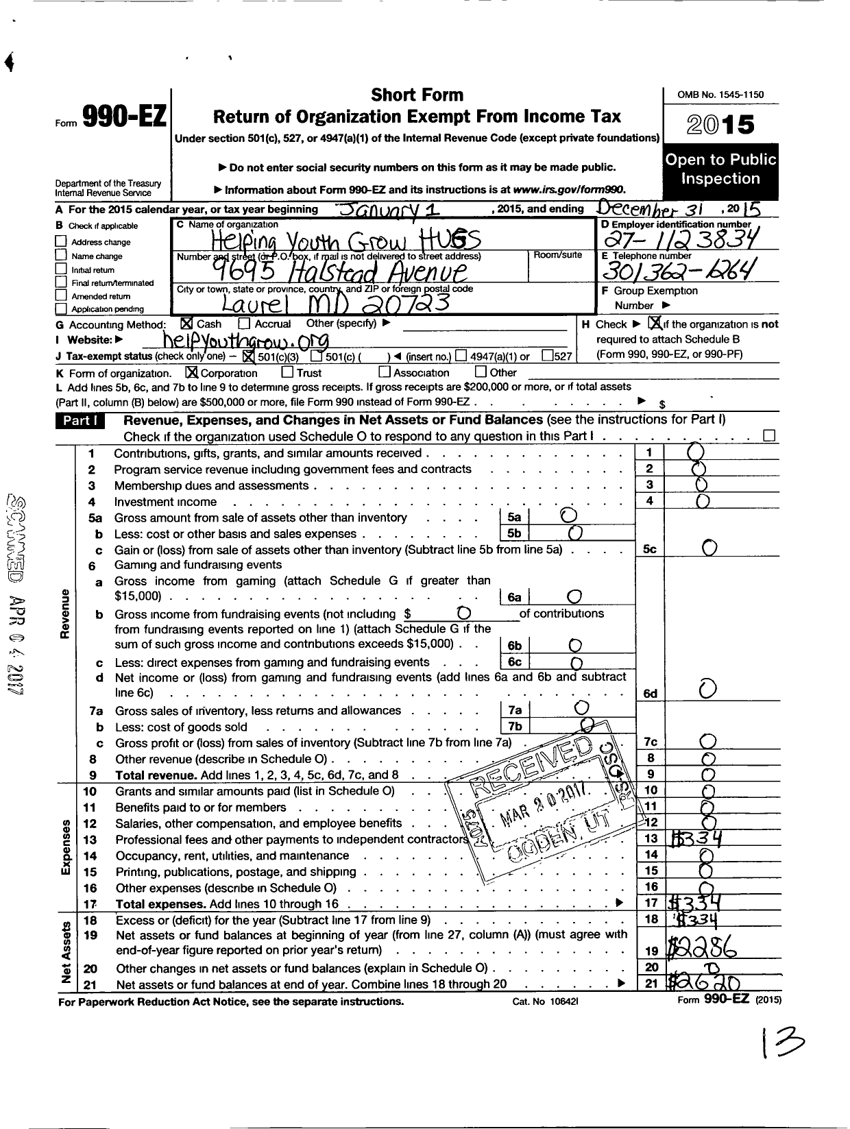 Image of first page of 2015 Form 990EZ for Helping Youth Grow Hugs