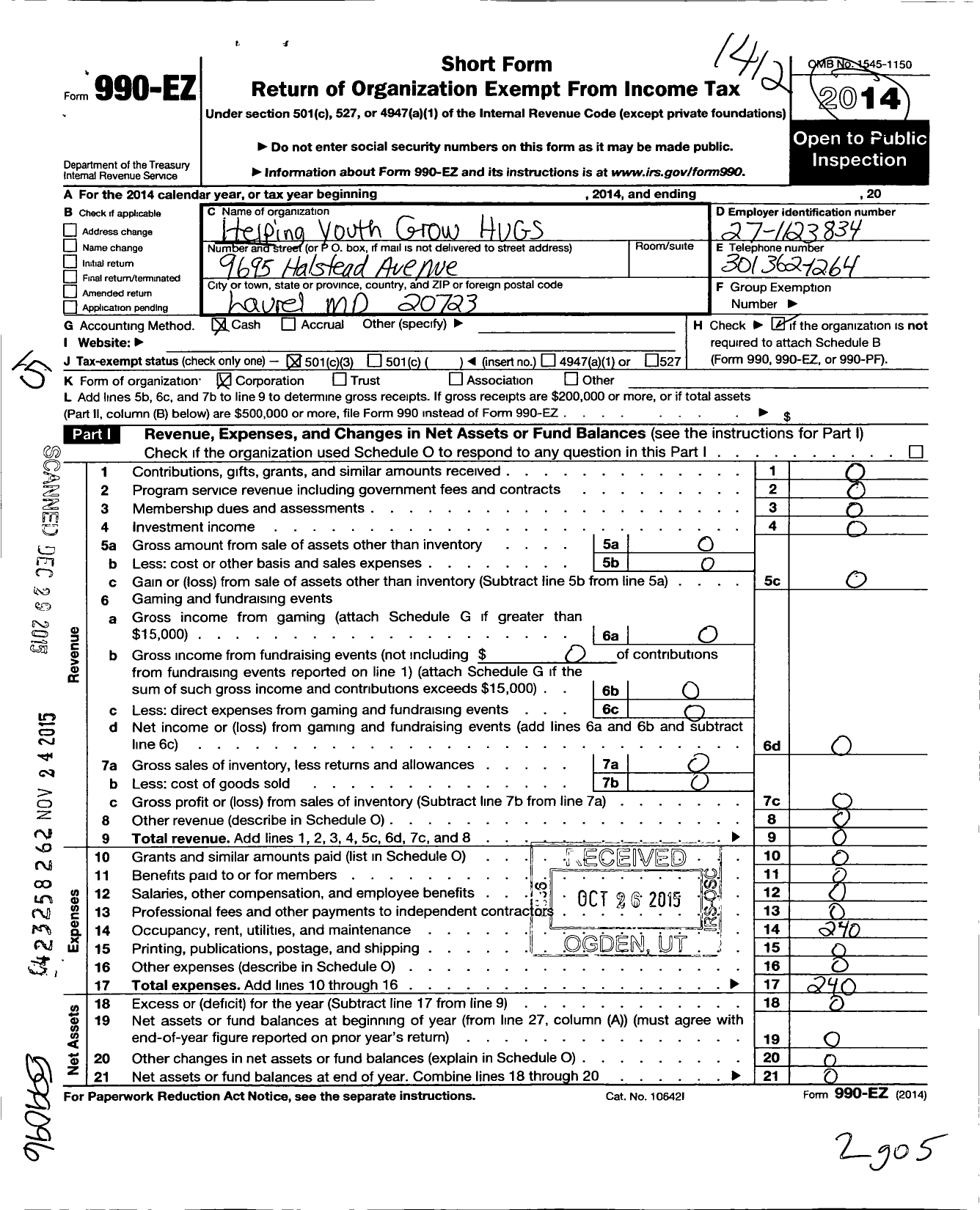 Image of first page of 2014 Form 990EZ for Helping Youth Grow Hugs