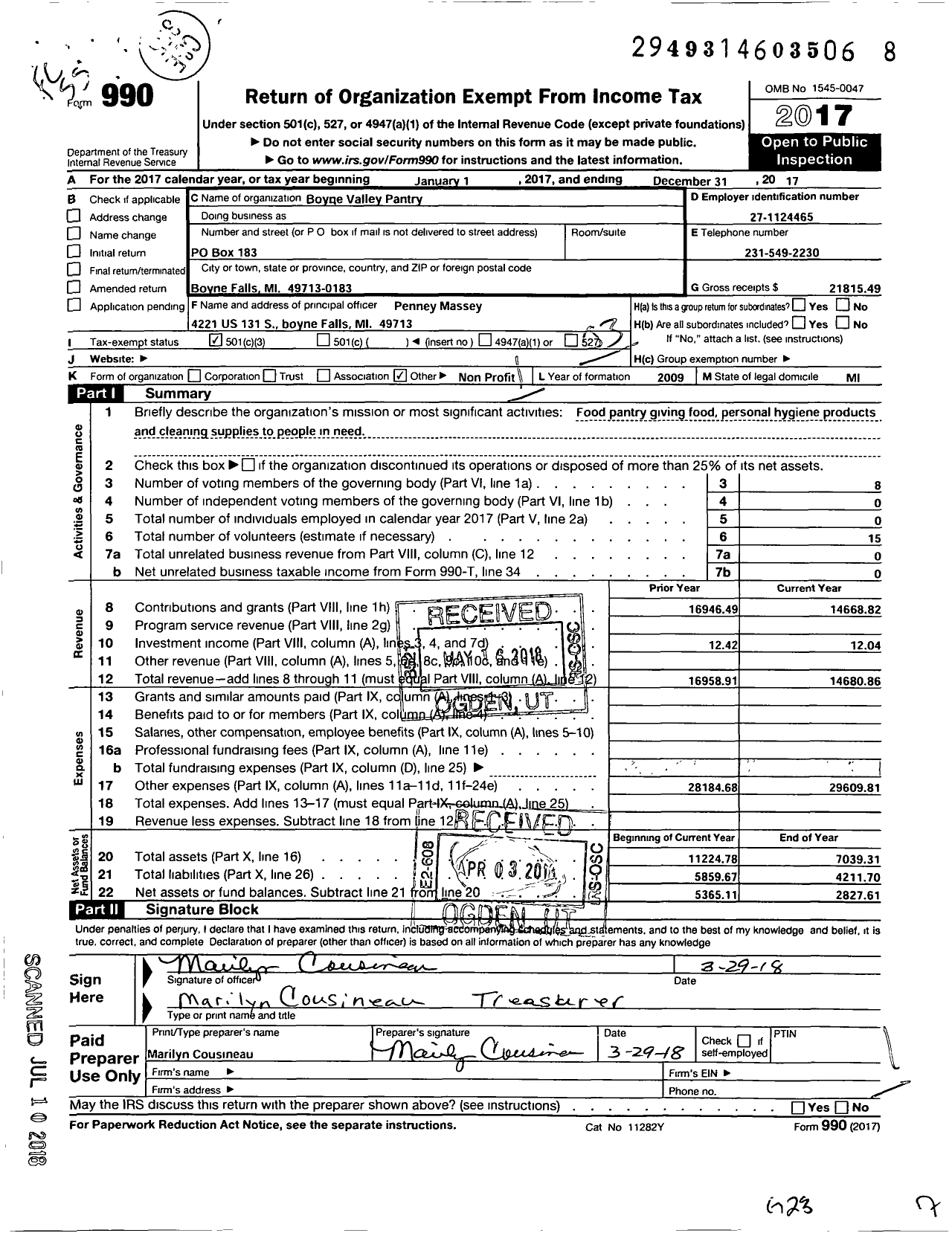 Image of first page of 2017 Form 990 for Boyne Valley Pantry