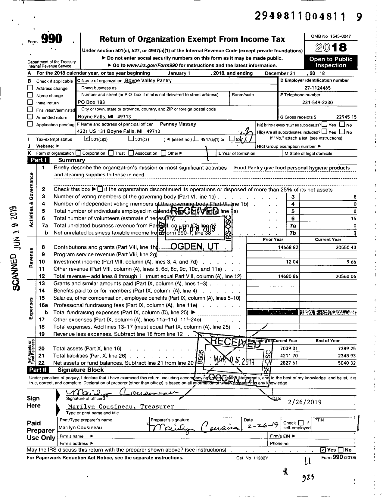 Image of first page of 2018 Form 990 for Boyne Valley Pantry